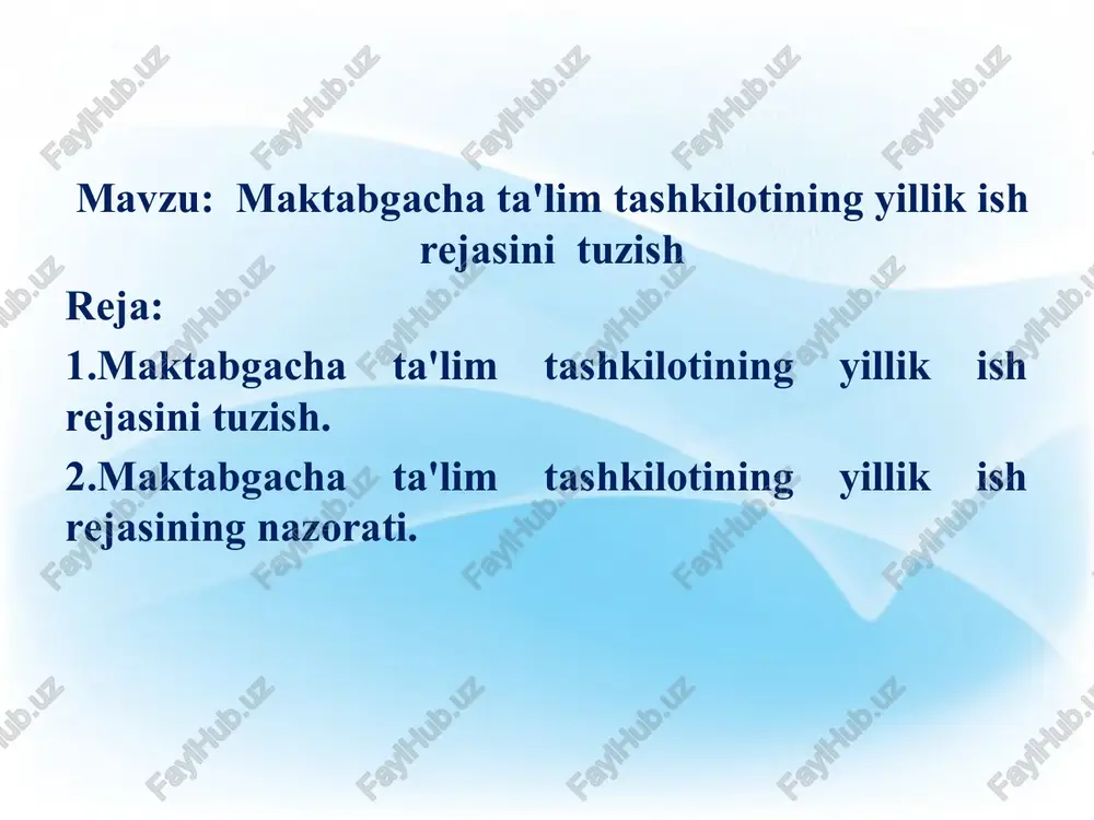 shlarni amalga oshirish lozim? o'tgan o'quv yilida belgilangan asosiy vazifalarning tahliliy ijrosi, natija (ko'rsatkich)lari bolalarni maktab ta'limiga sifatli tayyorlash bo'yicha qilingan ishlar hisobot aniqlangan bo'shliqlarni kelgusida o'quv yili davomida bartaraf etish bo'yicha istiqboldagi rejalar belgilanadi tashkilotni rivojlantirish, ta'lim-tarbiya faoliyati samaradorligini oshirish pedagog xodimlarning kompetensiyasini oshirish bo'yicha ishlar hisoboti ii- bo'lim. o'quv yili davomida amalga oshirilishi belgilangan. o'zbekiston respublikasi maktabgacha ta'lim vazirligi tomonidan tavsiya etilgan “maktabgacha ta'lim tashkilotlarining yangi o'quv yilidagi asosiy vazifalari”ni amaliyotga joriy etishga yo'naltirilgan mavzular, tashkilotidagi mavjud muammo va kamchiliklarni bartaraf etishga qaratilgan holda tanlanadi. belgilangan asosiy vazifalar yillik ish reja bandlarida o'z aksini topgan, to'liq ijrosini ta'minlashga qaratilgan bo'lishi kerak. asosiy vazifalar 1.maktabgacha ta’lim tashkilotlari uchun takomillashtirilgan «ilk qadam» davlat o‘quv dasturi va “ilm yo‘li” variativ dasturlarni amaliyotga keng joriy etish, ishlab chiqilayotgan o‘quv-metodik va didaktik materiallar mazmunini takomillashtirish hamda ulardan samarali foydalanishni yo‘lga qo‘yish. 2.maktabgacha ta’lim tashkilotida pedagog kadrlari tarkibi sifatini oshirish va ularni kasbiy rivojlantirish. …