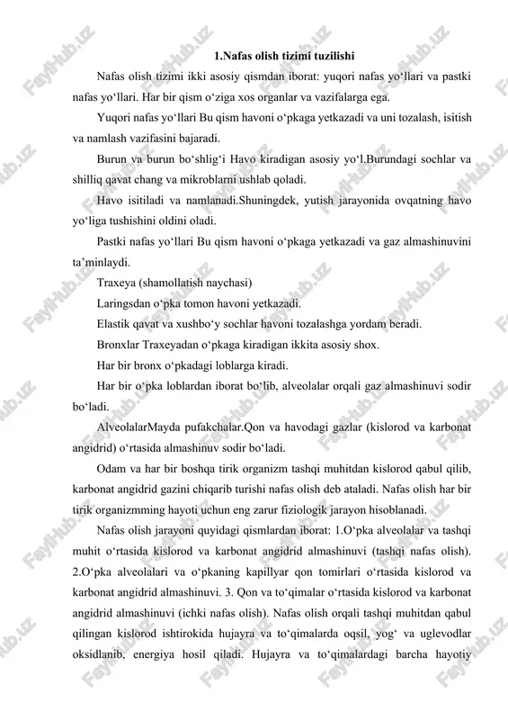 dagi barcha hayotiy jarayonlar (qo‘zg‘alish, harakatlanish, ko‘payish) ana shu energiya hisobiga amalga oshadi. bu hayotiy jarayonlar natijasida hosil bo‘lgan karbonat angidrid gazi hujayra va to‘qimalardan qonga o‘tib, o‘pkalar orqali tashqi muhitga chiqariladi. nafas olish a'zolarining tuzilishi. nafas olish a'zolariga: burun bo‘shlig‘i, burun halqum, hiqildoq, traxeya, bronxlar, o‘pkalar va plevra pardalari kiradi. burun bo‘shlig‘i. burun bo‘shlig‘i yuqori, pastki va ikkita yon devordan tashkil topgan. burun bo‘shlig‘i o‘rtasidan tog‘ay to‘siq bilan ikkiga bo‘lingan. uning ichki yuzasi shilimshnq parda bilan qoplangan. bu pardada juda ko‘p mayda bezchalar bo‘lib, ulardan shilimshiq suyuqlik ajraladi. shilliq parda mayda qon tomirlari va nerv tolalariga boy. burun bo‘shlig‘ining oldingi qismida mayda tukchalar bo‘ladi. ular nafas olinadigan havo tarkibidagi chang zarrachalarini tutib qolib, organizmni himoya qilish vazifasini bajaradi. nafas olganda tashqi muhitdan kirgan havo burun bo‘shlig‘i orqali o‘tganda iliydi, namlanadi va chang zarrachalaridan tozalanadi. shundan keyin bu havo halqum orqali hiqildoqqa o‘tadi. hiqildoq. hiqildoq iv - vi bo‘yin umurtqalari …