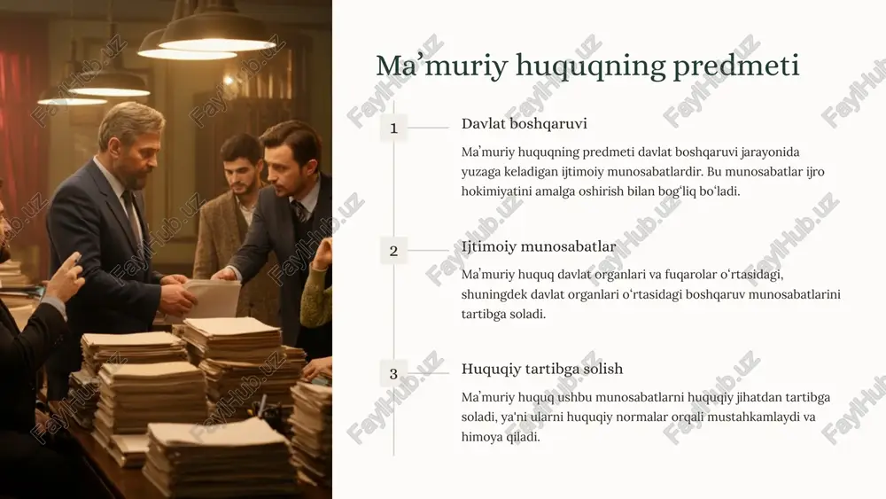 ini belgilaydi va himoya qiladi. 4 maʼmuriy huquqning rivojlanishi 1 sobiq ittifoq davri bu davrda maʼmuriy huquqdan davlat va kommunistik partiya ijtimoiy munosabatlarni tartibga solishda eng asosiy va kuchli qurol sifatida foydalandi. 2 mustaqillik davri mustaqillikka erishganimizdan soʻng maʼmuriy-buyruqbozlik tizimiga barham berilib, maʼmuriy huquq oʻzining ikkinchi rivojlanish bosqichi sari yoʻl oldi. 3 zamonaviy davr hozirgi kunda maʼmuriy huquq rivojlanishining uchinchi bosqichi davom etmoqda, bu davrda maʼmuriy islohotlar amalga oshirilmoqda. 5 maʼmuriy huquqning manbalari konstitutsiya oʻzbekiston respublikasi konstitutsiyasi maʼmuriy huquqning asosiy manbasi hisoblanadi. qonunlar oʻzbekiston respublikasining qonunlari maʼmuriy huquqning muhim manbalari hisoblanadi. qonunosti hujjatlari prezident farmonlari, vazirlar mahkamasining qarorlari, vazirliklar va davlat qoʻmitalarining normativ hujjatlari maʼmuriy huquqning manbalari hisoblanadi. 6 maʼmuriy huquqning subʼyektlari prezident oʻzbekiston respublikasi prezidenti maʼmuriy huquqning asosiy subʼyektlaridan biri hisoblanadi. hukumat oʻzbekiston respublikasi vazirlar mahkamasi maʼmuriy huquqning muhim subʼyekti hisoblanadi. fuqarolar oʻzbekiston respublikasi fuqarolari maʼmuriy huquqning subʼyektlari hisoblanadi. yuridik shaxslar davlat va nodavlat tashkilotlar, xoʻjalik boshqaruv organlari maʼmuriy …