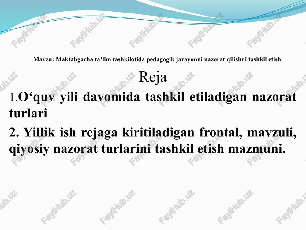 yili tayyorgarligi yuzasidan mavzuli tekshiruv natijalari. qiyosiy nazorat guruhlarda ma'naviy-ma'rifiy, vatanparvarlik bo‘yicha olib borilgan ishlar mavzusidagi kiyosiy nazorat” frontal nazorat “maktabga tayyorlov guruhida tashkil etilgan ta'limiy–tarbiyaviy jarayonlar va davlat talablarining bajarilishi” umumiy tekshiruv natijalari 29 avgust 2021 20 noyabr 2021 12 fevral 2022 barcha guruhlar 1-2 katta guruhlar tayyorlov guruh metodist metodist direktor 1-pedagogik kengash 2-pedagogik kengash 3-pedagogik kengash ishchi guruh ma'lumotnoma ishchi guruh ma'lumotnoma ishchi guruh ma'lumotnoma 2-mavzu: yillik ish rejaga kiritiladigan frontal, mavzuli, qiyosiy nazorat turlarining tavsifi 8 8 mavzuli nazorat tarbiyachining rejada belgilangan mavzu asosida taʼlim-tarbiya jarayoniga yondoshuvini oʻrganishni nazarda tutadi. ishchi guruh maʼlum bir yoʻnalish boʻyicha taʼlim-tarbiya jarayonini tashkil etish sifatini bajarilishi nazorat qiladi. metodist tajribali, pedagogik mahorati yuqori boʻlgan tarbiyachi faoliyatini mavzuli nazorat qilish jarayonida uning ish uslubi va ilgʻor tajribasini oʻrganish va ommalashtirish maqsadida oʻtkazadi. nazorat turlarining tavsifi 9 9 qiyosiy nazorat ikki va undan ortiq parallel guruhlardagi pedagogik faoliyatlar taqqoslama oʻrganiladi. metodist, maʼlum …