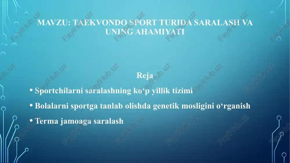 sning ruhiy xususiyatlari. 5. sportga saralashda irsiyat omili ham muxim mezon xisoblanadi. sportchilarni saralashda quyidagi usullardan foydalaniladi: pedagogik kuzatish nazorat sinovlari (testlar) musobaqa va nazorat chamalash bellashuvlari psixologik tadqiqotlar tibbiy-biologik tadqiqotlar. katta yoshdagi sportchilar sportchilarni saralashning ko‘p yillik tizimi oltita bosqichga bo‘linadi: dastlabki saralash; dastlabki saralashning muvofiqligini chuqur tekshirish; sportga yo‘naltirish bosqichi; yoshlar terma jamoalariga saralash; o‘smirlar terma jamoalariga saralash; mamlakat terma jamoasining asosiy tarkibiga saralash. 2. bolalarni sportga tanlab olishda genetik mosligini o‘rganish “sportchining genetikasi tanlagan sport turiga mos ekan, uning muvaffaqiyatga erishish ehtimoli yuqori” kabi iboralarni sport faoliyatimizda tez - tez eshitib turamiz. xo‘sh, genetika nima? genetika - bu xususiyat va fazilatlarning ota - onadan bolaga o‘tishini o‘rganadigan fandir. bu fan, shuningdek, ularning xususiyatlarini va o‘zgarish qobiliyatini hisobga oladi. bunda maxsus - genlar axborot tashuvchi vazifasini bajaradi. mushaklarning shakli va tuzilishini o‘rganish, fanda “mushaklar genetikasi” deb nomlanib, unga ko‘ra mushaklar shakli ikkita eng muhim omil bilan belgilanadi: 1 …