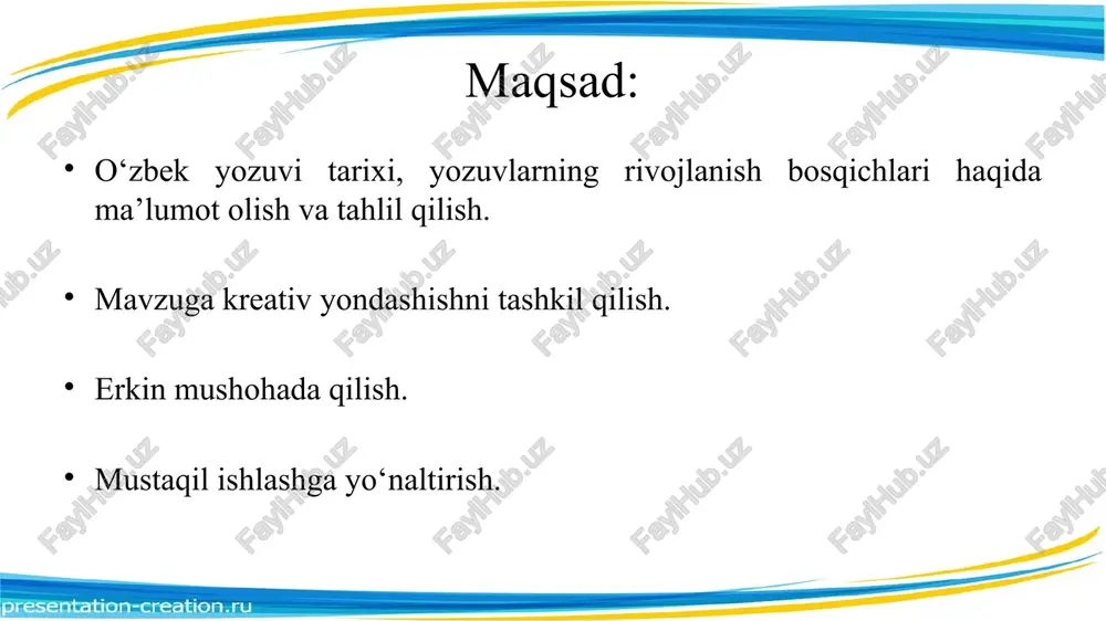 b yozuvi o‘zbek tili xususiyatlariga ko‘p jihatdan muvofiq kelmas edi. arab yozuvi bilan birga uyg‘ur yozuvi ham iste’molda bo‘ldi. bu asrlarda arab va uyg‘ur yozuvi baravar ishlatildi. 1929-yildan lotin alifbosi asosidagi yangi yozuvga o‘tildi. bu yozuvdan qisqa muddat, 11 yil ichidagina, 1940-yilgacha foydalanildi. 1940-yil 7-maydan rus grafikasi asosidagi kirill yozuviga o‘tildi. bu yozuv o`zbek tili tovushlar tizimini to‘liq ifodalay olmagani uchun unga qo‘shimcha shakllar kiritildi (o‘, q, g‘, h). 1993-yil 2-3-sentabrda o‘zbekiston respublikasi oliy kengashida lotin alifbosiga o‘tish to‘g‘risida qonun qabul qilindi. lotin yozuvidan jahon xalqlarining 30 foizi foydalanadi. bu esa o‘zbek xalqining jahon tizimiga kirishini tezlashtiradi. 1996-yildan lotin alifbosi asosidagi o‘zbek yozuvi amalga joriy etildi….. matnni davom ettiring. eski o‘zbek yozuvi eski o‘zbek yozuvi – arab grafikasi asosida shakllangan va xi asrdan xx asrning boshlarigacha qo‘llangan o‘zbek yozuvi; arab alifbosidagi 28 ta harfga arab tilida bo‘lmagan, lekin eroniy va turkiy tillarga xos bo‘lgan tovushlarni ifodalash 4 ta harf qo‘shish …