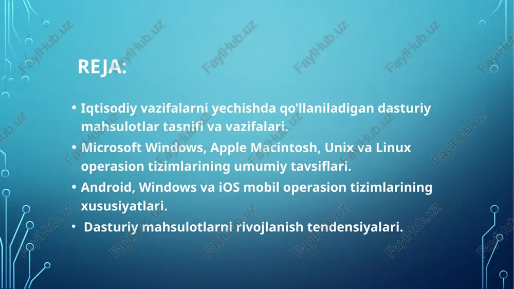 ervis dasturlar qobiqlar utilitalar antivirus vositalar arxivatorlar 3. dasturlash tillari translyatorlari translyator-kompilyatorlar translyator-interpritatorlar assemblerlar 4. texnik xizmat ko‘rsatish dasturlari test dasturlari maxsus nazorat dasturlari zamonaviy operatsion tizimlarning tavsifi operatsion tizim (ot) - bu ehm zaxiralarini boshqarish, amaliy dasturlarni chiqarish va ularning tashqi qurilmalar, boshqa dasturlar bilan o‘zaro aloqasini amalga oshiruvchi, shuningdek, foydalanuvchining kompyuter bilan muloqotni ta’minlovchi dasturiy vositalar yig‘indisidir. dasturiy interfeys - hisoblash tizimi doirasida qurilma va dasturlar o‘zaro ta’sirini ta’minlovchi vositalar yig‘indisndir. foydalanuvchn interfeysi - foydalanuvchining dasturiy yoki ehm bilan o‘zaro ta’sirdagi dasturiy va apparat vositalaridir. operatsion tizim 2014 2018 windows 7 50,1 38,4 windows xp 25,3 0,7 mac os x 7,4 0 windows 8 12,5 8,7 windows vista 2,9 0 windows 10 0 51,6 boshqa 1,8 0,6 windows xp 2014 2015 2016 2017 2018 22.5 7.5 4.1399999999999997 2 0.70000000000000062 windows vista 2014 2015 2016 2017 2018 2.4 0.5 0 0 0 windows 7 2014 2015 2016 2017 2018 …