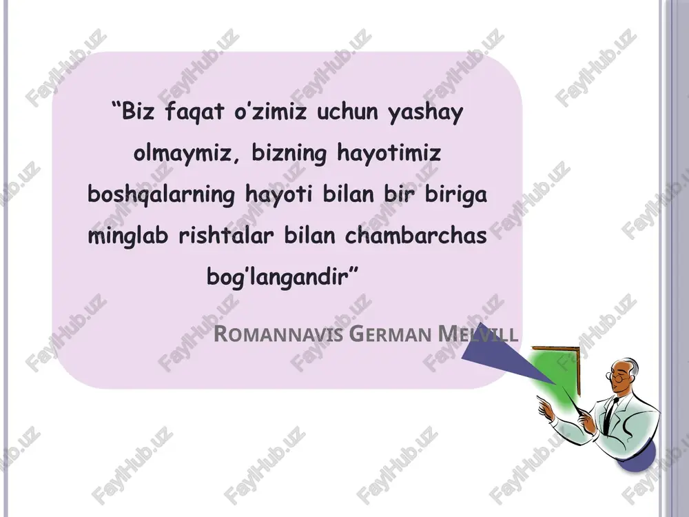 on bo’ladi. bu esa o’z navbatida shaxs faoliyatining maqsadini, mazmuni va mohiyatini ifodalaydi. 8 robinzon kruzo ? jumabay ? farhod ? shaxs ijtimoiylashuvning omillari tashqi ichki tashqi omillarga quyidagilar kiradi. 1. megaomillar (mega-eng katta)-kosmos, yer shari, planetar jarayonlarni kiritsa bo‘ladi. 2.makroomillar (makro-katta)-davlat, xalq, jamiyat, shuningdek bularga demografik, ijtimoiy, siyosiy, ekologik, ya’ni yerning barcha aholisining ijtimoiylashuviga ta’sir ko‘rsatadigan omillarni kiritiladi. 3. mezoomillar (mezo-o‘rta)-hudud va yashash joyi ommaviy aloqa tarmoqlari, u yoki bu submadaniyatga tegishliligiga ko‘ra ajratilgan guruhlarning ijtimoiylashuvi shart-sharoitlari. mezoomillar etnik qurilmalarni shakllantirish jarayoniga, mintaqaviy sharoitlarga, shu hududning oavlariga ta’sir qiladi. 4. mikroomillar, ya’ni muayyan shaxslarga ta’sir qiluvchi omillarga -oila, qo‘shnilar, tengdoshlar guruhlari, tarbiya muassasalari, turli ijtimoiy, diniy, davlat, xususiy tashkilotlar kiradi. shaxs tug‘ilganidan boshlab rivojlanadigan muhit sotsium yoki mikrosotsium deyiladi. shaxs shakllanishiga ta’sir etuvchi ichki omillar irsiyat atrof-muhit ta’lim-tarbiya faoliyat demak shaxsning tipi u yashaydigan jamiyatning ijtimoiy tuzilishiga bog’liq.shaxsning shakllanishini belgilovchi omillar quyidagilardan iborat: turmush ijtimoiy –siyosiy tuzum mehnat faoliyati …