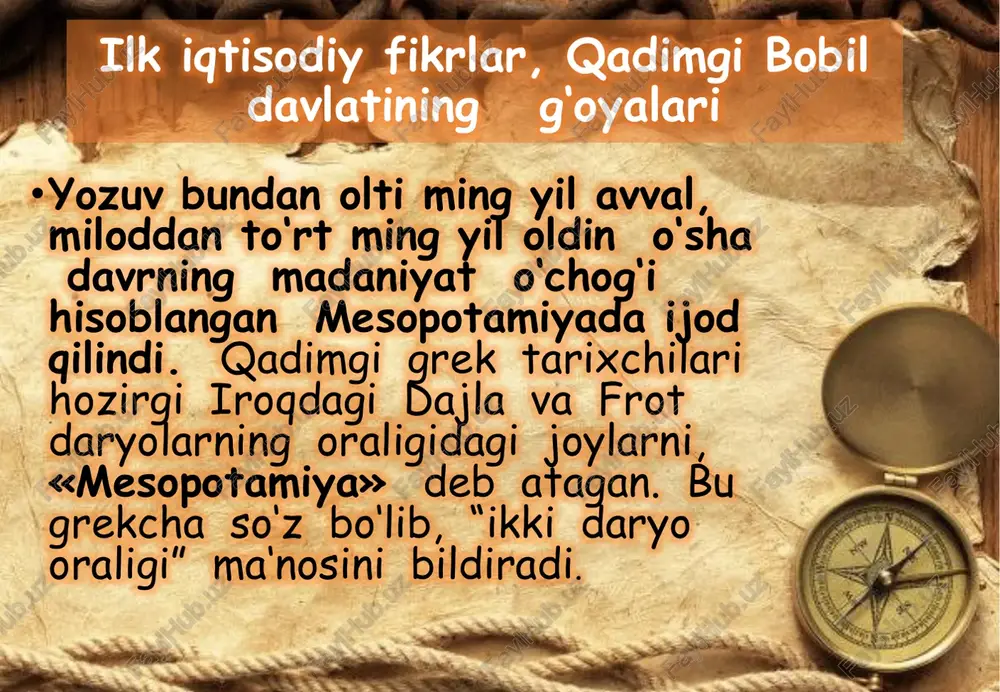 at tomonidan huquqiy tartibotlar, -mulkni himoya qilinishi; -narxlarning shakllanishi; -sudxo‘rlik qoralanishi; davlat vazifalarini qonunchilik yo‘li bilan hal qilinishi bu borada iqtisodiy fikrlar nuqtai nazardan eshnun podshohi qonunlari (m.a. xx asr.) va xammurapi qonunlari (m.a. xviii asr.) ancha diqqatga sazovor. eshnun qonunlari — qadimgi bobil davlati tarixida eng qadimgi huquqiy hujjatlardan biri bo‘lib, miloddan avvalgi xix asr boshlarida (taxminan mil. avv. 1930–1900 yillar) tuzilgan. bu qonunlar qadimgi mesopotamiya jamiyatidagi ijtimoiy, iqtisodiy va huquqiy munosabatlarni tartibga solishga qaratilgan bo‘lib, keyinchalik mashhur hammurapi qonunlariga asos bo‘lgan. tahminan 60 ga yaqin qonunni o’z ichiga olgan, asosan quyidagi sohalarni tartibga solgan: yer va mulk huquqi savdo-sotiq, narx-navo jinoyatlar (o‘g‘irlik, talonchilik, qotillik) aybdorlarga nisbatan jazolar eshnun qonunlari eshnun qonunlari matni asosiy mahsulotlarga qat’iy baho o‘rnatishdan boshlangan birinchi bo’limda arpa, yog‘, teri, tuz, mis va boshqalarning kumushdagi narxi o‘rnatilgan ikkinchi bo’limda har xil turdagi yog'ning arpadagi narxi ko‘rsatilgan. demak, asosiy umumekvivalent sifatida arpa bo‘lgan qonun matni kirish …