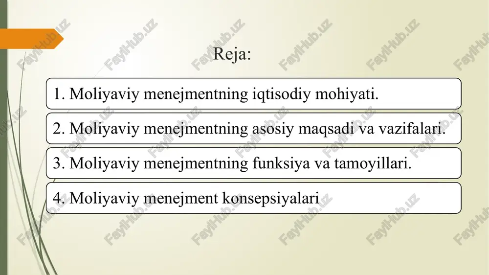 i shakllantirish va foydalanish bo'yicha munosabatlar; nobyudjet fondlarini shakllantirish va foydalanish bo'yicha munosabatlar; sug'urta fondlarini shakllantirish va foydanish bo'yicha munosabatlar. makroiqtisodiy muvozanat; byudjet rejalarining profitsitligi; davlat qarzining mavjud emasligi; mustahkam (barqaror) milliy valyuta. korxonalar moliyasining tashkiliy tamoyillari quyidagilardan iborat: moliyaviy-xo'jalik faoliyati soxasida mustaqillik; o'z-o'zini moliyalashtirish; ish natijasidan manfaatdorlik; moliyaviy resurslarni tashkil etish; vositalarni o'ziniki va boshqalarnikiga ajratish; byudjet va davlat nobyudjet jamg'armalari oldida o'z majburiyatlarini birinchi navbatda bajarish; korxona faoliyati ustidan moliyaviy nazoratni o'rnatish bo'lib hisoblanadi. moliyaviy menejment o'zining bosh maqsadi moliyaviy menejment o'zining bosh maqsadi va asosiy vazifalarini belgilangan funktsiyalarni amalga oshirish orqali bajaradi. moliyaviy menejment funktsiyalari korxona moliyasi funktsiyalarini amalga oshirilishiga yo'naltiriladi va moliyaviy faoliyatni boshqarishda o'ziga xos alohida jixatlari bilan konkretlashtiriladi. bu funktsiyalar moliyaviy menejmentning kompleks mohiyatini ifodalovchi ikki guruhga ajratiladi moliyaviy menejment va iqtisod mikro va makroiqtisodiyot kabi iqtisodiy tushunchalar moliyaviy boshqaruv yondashuvlari bilan bevosita qo‘llaniladi. investitsion qarorlar, mikro va makro muhit omillari moliyaviy menejerning funktsiyalari …