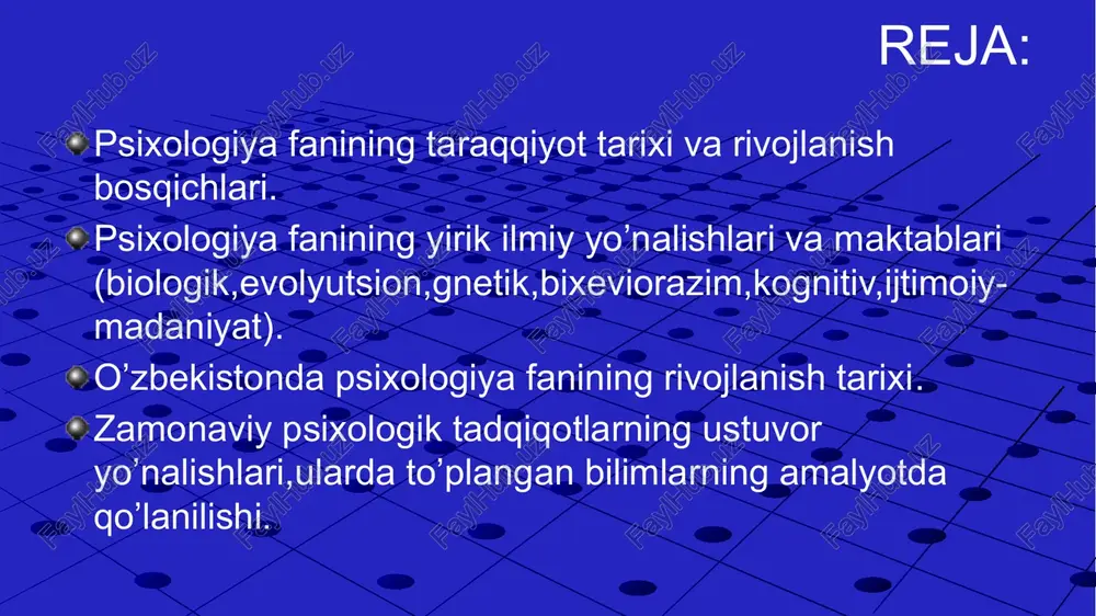 vonot va ongli mavjudotlarni belgilab chiqqan. psychology david g. myers hope college holland, michigan (p14-39 ) 5 3 bosqich psiholoogiya hulq-atvor haqidagi fan 4-bosqich psixologiya, psixikaning mexanizmlari, qonuniyatlari va faktlarini o'rganuvchi fan sifatida dunyoga materialistik nuqtai-nazardan qarash shakllangan. rossiya psihologiyasi-ning asosida aks ettirish nazariyasi asosiy qonuniyat sifatida ko'rsatiladi. xix asrdan boshlanadi. psihologiyaning vazifasi ko'rgan narsalarni bevosita kuzatish, aniqrog`i inson hulq-atvorini faoliyatini reakciyasini kuzatish deb hisoblangan. 6 psixologiya fanining yirik ilmiy yo’nalishlari va maktablari (biologik,evolyutsion,gnetik,bixeviorazim,kognitiv,ijtimoiy-madaniyat). psixolologiya fanining rivojlanishi qator bosqichlarni o’ z ichiga qamrab olib, bu davrlarda samarali tadqiqot ishlari olib borilagan.aynan tadqiqot ishlari samarali bo’lishi uchun fan doirasida tamoyillarini ishlab chiqishuchun zarururat sezila boshladi.bu boradagi ishlar amerika va boshqa chet el psixologiyasi yo’nalishlari namoyondalari tomonidan ilgari surildi. xx sar boshlarida bixeviorizm, freydizm yo’nalishlari vujudga kelgan ed. o’n sakkizinchi asrda emperik va assotsianistlar fikri bilan bir qatorda psixologiyaning yangi oqimi dunyoga keldi.bu oqimni frebel,pestolotsiy,russo kabi naturalistlar ommaga targ’ib etishgan o’n to’qqizinchi …