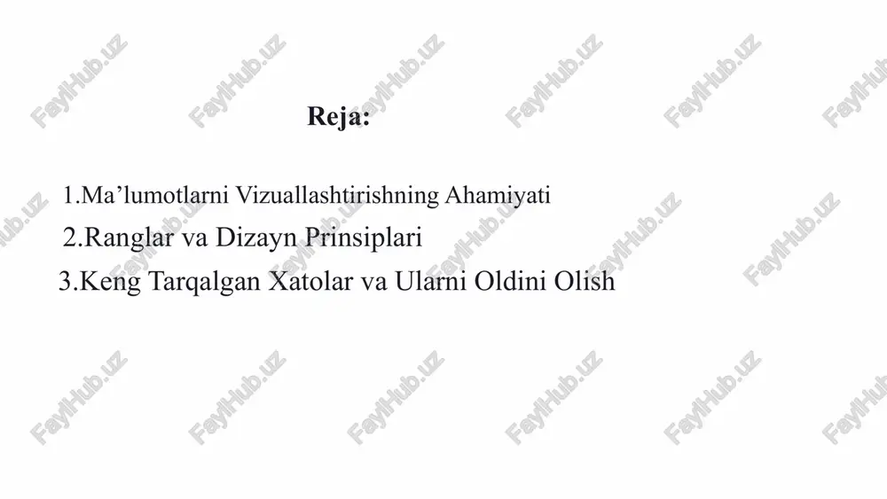 qtali grafiklar (scatter plots) juda foydali. nuqtali grafiklar: ikki miqdoriy o'zgaruvchi orasidagi bog'liqlikni yoki korrelyatsiyani ko'rsatadi. histogrammalar: bir o'zgaruvchining qiymatlarining taqsimotini ko'rsatadi. bu grafiklar anomaliyalarni (outliers) va ma'lumotlar klasterlarini aniqlashga yordam beradi. interaktiv jadvallar va fasadlar katta hajmdagi ma'lumotlar bilan ishlashda interaktiv jadvallar va fasadlar auditoriyaga ma'lumotlarni o'z xohishiga ko'ra tahlil qilish imkoniyatini beradi. fasadlar: bir nechta grafiklar va jadvallarni bitta sahifada birlashtirib, umumiy tasvirni taqdim etadi. filtrlar va sortlash: foydalanuvchilarga ma'lumotlarni kerakli parametrlarga ko'ra sozlash imkonini beradi. ranglar va dizayn prinsiplari vizuallashtirish samaradorligini oshirish uchun ranglar va dizayn prinsiplaridan to'g'ri foydalanish muhim. aniq rang palitralari mato ma'lumotlarni ajratish uchun kontrastli va o'qishga qulay ranglardan foydalaning. minimalizm keraksiz elementlarni olib tashlab, asosiy xabarga e'tiborni qarating. izchillik barcha grafiklar bo'ylab bir xil dizayn uslubini saqlang. keng tarqalgan xatolar va ularni oldini olish ma'lumotlarni vizuallashtirishda ba'zi umumiy xatolardan qochish kerak. yomon o'lchovlar grafik o'lchovlarining noto'g'ri tanlanishi ma'lumotlarni buzib ko'rsatishi mumkin. juda ko'p …
