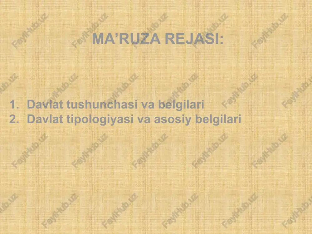 yasi tarixiy va madaniy rivojlanishiga ko‘ra sinfiy yondashuvga ko‘ra tarixiy yondashuvga ko‘ra qishloq xo‘jaligiga asoslangan davlatlar sanoatga asoslangan davlatlar quldorlik feodalistik kapitalistik sotsialistik davlatlarga bo’linadi qadimiy davlatlar o‘rta asr davlatlari hozirgi zamon davlatlari image2.jpeg image3.jpeg image4.jpeg image5.png image6.png image7.png image1.jpeg /docprops/thumbnail.jpeg