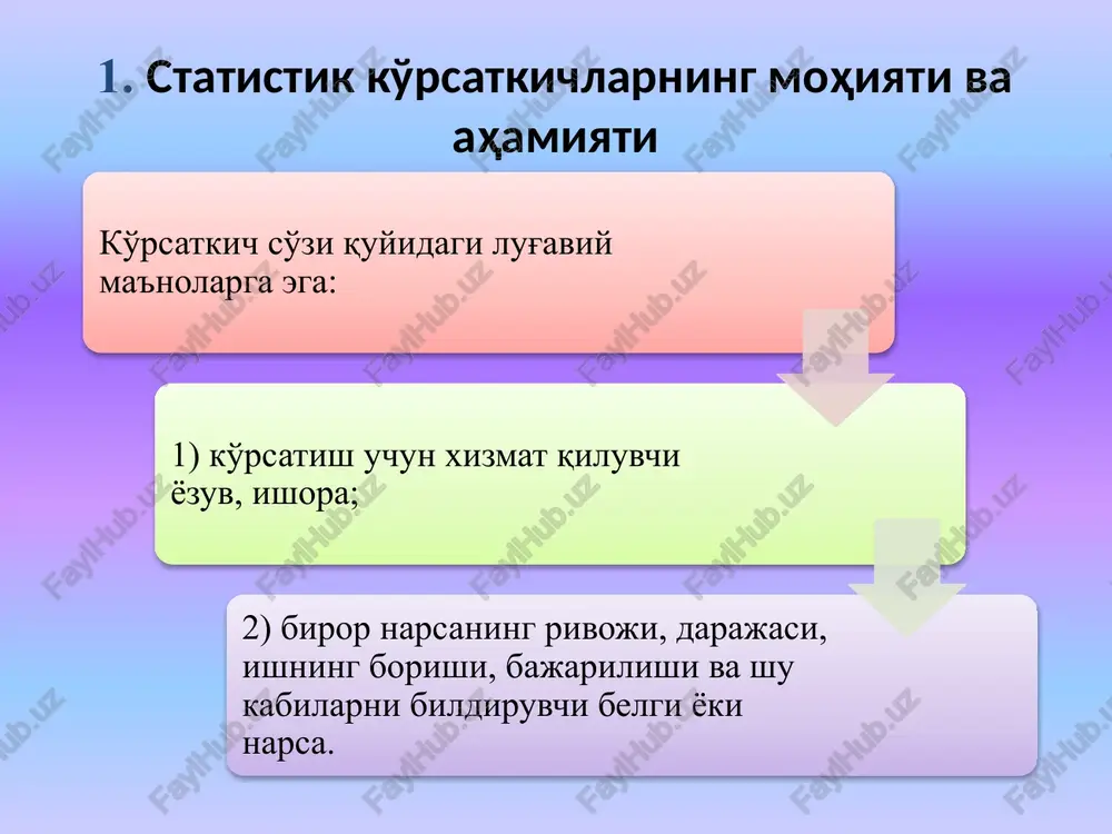 mahsulot – syam (smd) - milliy daromad - md byudjet – soliq sohasida - davlat byudjetining daromad va xarajatlari - davlat byudjetining taqchilligi - yaimdagi soliq chegirmalarining darajasi 6 16 dan 7 slayd aholi ish bilan bandligi sohasida ishsizlik darajasi ishchi kuchi va ishchilar soni tashqi savdo sohasida eksport import tashqi savdo aylanmasi turmush darajasi sohasida aholi jon boshiga yalpi ichki (eki milliy) mahsulot aholi jon boshiga milliy daromad shahsiy daromad (shd) tasarrufdagi daromad (td) iste'mol narxlari indeksi 16 dan 8 slayd mamlakatning iqtisodiy qudratini ifodalovchi ko'rsatkichlar mamlakatning rivojlanish darajasini ifodalovchi ko'rsatkichlar mamlakatdagi makroiqtisodiy vaziyatni ifodalovchi ko'rsatkichlar milliy iqtisodiyotni tahlil qilishda qo'llaniladigan ko'rsatkichlar -milliy boylik; -yalpi ichki mahsulot: -sof ichki mahsulot; -yalpi milliy daromad; -sof milliy tasarrufdagi daromad; -yalpi milliy jamg'arma; -investitsiyalar hajmi; -eksport hajmi; -sanoat mahsuloti hajmi; h.k. aholi jon boshiga to'g'ri keladigan: -milliy boylik; -yalpi ichki mahsulot: -sof ichki mahsulot; -yalpi milliy daromad; -sof milliy tasarrufdagi daromad; -yalpi …