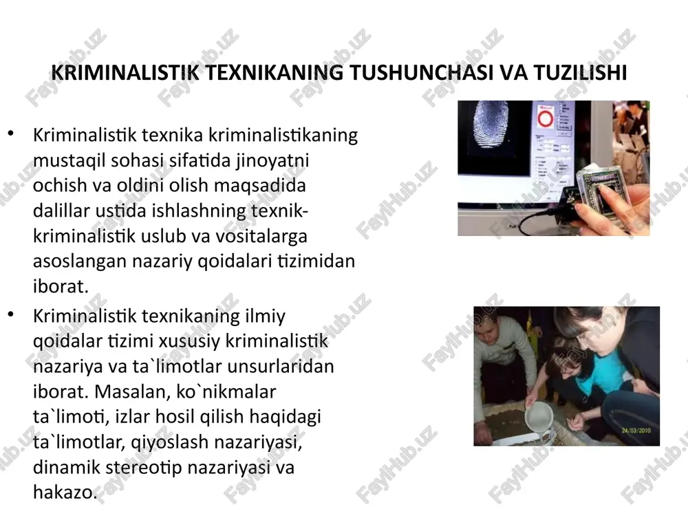 uslublari; ularni tadqiq etish ekspertizasi uslubiyoti; turli asbob va ashyolar, informatsion-qidiruv va qayd etish tizimlari va hakazo. bu atamaning tor ma`noda esa yorituv, o`lchov, optik, qidiruv, foto-, fono-, video-, vositalari; ishlar bilan ishlash vositalari (poroshok, eritmalar, aerozol va boshqalar) ikr-2, portret, ik, ufl manbaasi, shuningdek kriminalistik maqsadlarda qo`llaniladigan ularning majmuasi nazarda tutiladi. 5 texnik-kriminalistik vositalar va ashyoviy dalillarni topish, qayd etish, olish va tadqiq etish uslublarini uch turga bo`lish mumkin: 1. umumiy vazifalari. 2. fan va texnikaning boshqa sohalardan o`zlashtirilgan va kriminalistikaga moslashtirilgan texnik kriminalistik uslub va vositalar. jumladan: fotoapparatlar, videokameralar, kattalashtirgich va o`lchagich asboblar va b., shuningdek umumiy fotografiya usullari: arxitektura, panorama, stereoskopik fotosuratga olish va hakazo. 3. maxsus kriminalistik maqsadda yaratilgan texnik-kriminalistik vositalar. masalan: taqqoslovchi kriminalistik mikroskoplar (mis-51, msk-1); o`q otish qurollarida bo`lgan izlarni, otilgan o`q va gilzalardagi izlarni fotosuratga olishdagi turli optik asboblar. maqsad va sub`ektiga ko`ra texnik-kriminalistik vositalar (usul, uslub, asboblar, apparat va ashyolar)ni quyidagicha turkumlash …