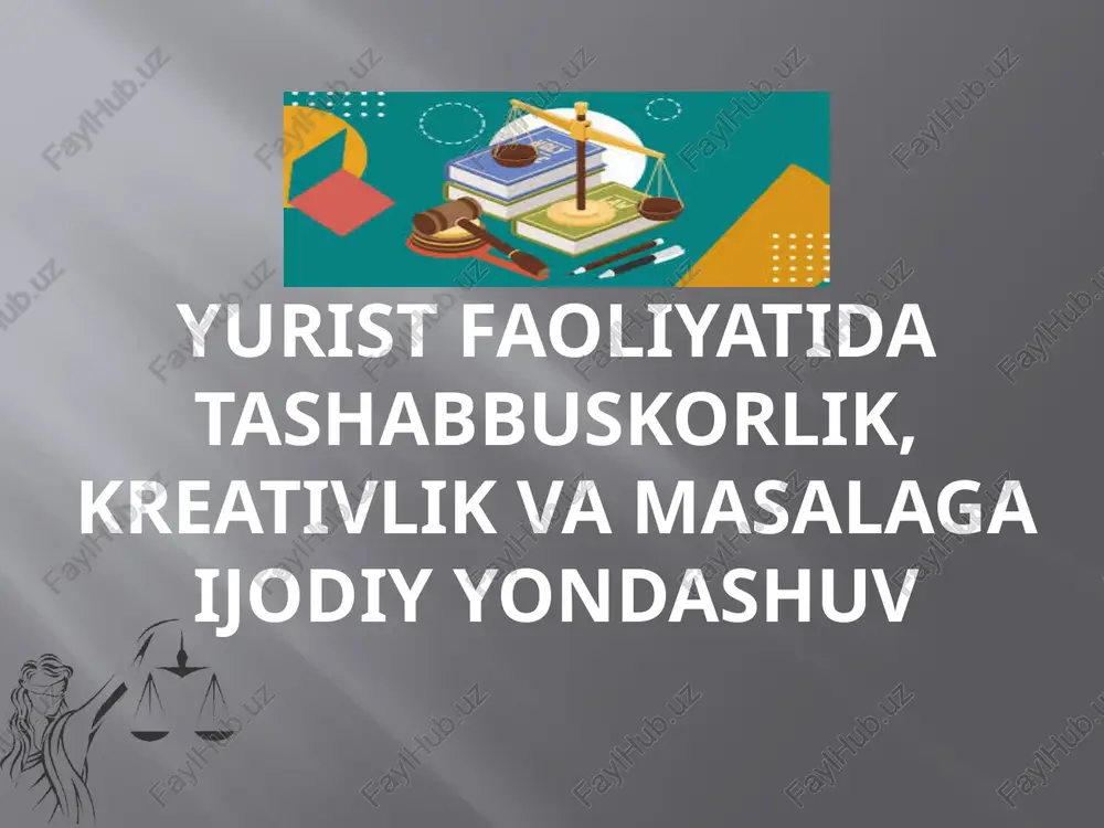 angicha yondashuv tushuniladi. muhim eslatma huquqshunosning kreativligi, tashabbuskorligi va ishga ijodiy yondashuvi kreativlik, tashabbuskorlik va ijodkorlik qonunlar doirasida, ularga amal qilgan holda qo‘llanilishi lozim aslo qonunlarni buzishga, ularni “aylanib o‘tish” yoxud noto‘g‘ri va noo‘rin qo‘llashga olib kelmasligi darkor ijodiylik – yurisprudensiya sohasiga ham xos jihat katta miqyoslarda bu – konkret sohalarda bu – qonun ijodkorligi, mamlakatning huquqiy doktrinasi hamda huquqiy fanlarni rivojlantirish, huquqiy amaliyotni takomillashtirish sohalarini o‘z ichiga oladi. masalan, jamiyatimiz rivojiga jiddiy to‘g‘anoq bo‘layotgan korrupsiya, odam savdosi, norkotrafik, ularga qarshi kurash hamda bu illatlarning oldini olish masalalari bo‘lishi mumkin. yana bir narsani unutmaylikki... yangi g‘oyalar yaratadigan va vazifalarga noan’anaviy tarzda yondashuvchi ijodkor yuristlar aksariyat ish beruvchilarda doimiy qiziqish uyg‘otadi. ijodkorlik va yaratuvchanlik fazilatlari mutaxassisdan talab qilinadigan ko‘nikma, fazilatlar reytingida yuqori o‘rinni band qiladi. xulosa aynan shunday – yangi g‘oya va tashabbuslarni dadil olg‘a sura oladigan kreativ yuristlargina yurtimizning huquq sohasi bo‘yicha rivojlangan davlatlar qatoriga kirishida hal qiluvchi rolni bajaradilar. …