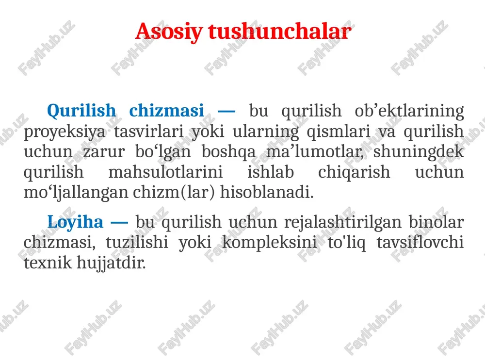 ti yer usti qavati binoning tarkibiy qismlari binoning tarkibiy qismlari binoning tarkibiy elementlari binon loyihasini rejalashtirish asosiy yuk ko‘taruvchi konstruktsiyalarning holatini belgilovchi chiziqlar bo‘ylama va ko'ndalang koordinatsion o'qlar deyiladi. koordinatsion o'qlar orasidagi masofalar bitta modulli tizim bo'yicha olinadi va asosiy modulga karrali bo'lishi kerak (2m=200, 3m=300, 5m=500, 12m=1200, 15m=1500, 30m=3000, 60m=6000). modulli o‘lchamlar tizimi qurilishda tiplashtirish va standartlashtirishga yordam beradi. plan binoning ma’lum balandlikdagi tekislik orqali fikran qirqib ko‘rsatilgan tasviri plan deyiladi. kesuvchi tekislik deraza va eshik bo‘shlig‘i orqali o‘tadi. planda imoratning ko‘rinmaydigan qismlari tasvirlanmaydi. shuning uchun qavatlardagi xonalar har xil bo‘lsa, hamma qavatlarning planlari alohida-alohida ko‘rsatiladi. xonalar va devorlarning olchamlari to‘liq ko‘rsatiladi. plan planni bajarish bosqichlari 1-bosqich: koordinatsion o‘qlar o‘tkaziladi. planni bajarish bosqichlari 2-bosqich: devor va to‘sinlar koordinatsion o‘qlarga bog‘lanadi. 3-bosqich: deraza va eshik joylari belgilanadi. planni bajarish bosqichlari 4-bosqich: asosiy chiziqlar qalinlashtiriladi va o‘lchamlar qo‘yiladi. planni bajarish bosqichlari qirqim binoni vertikal tekislik bilan qirqilganda hosil bo‘ladigan ko‘rinishiga qirqim …