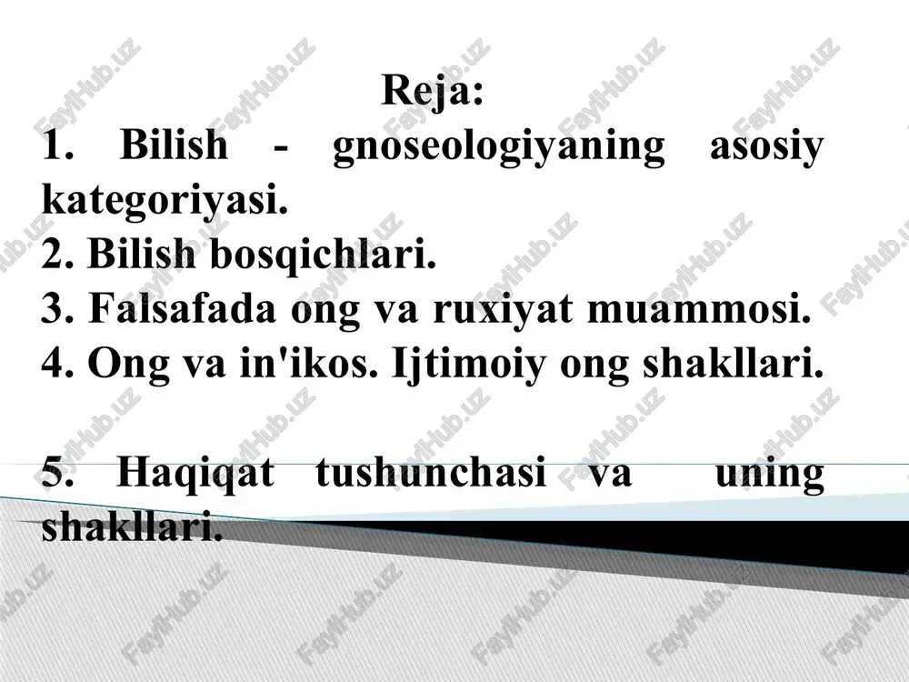 g o`rtasidagi chegaraviy sohadir. ong & ruhiyat ong o`zaro aloqda bo`lgan turli unsur lardan tashkil topgan murakkab ma`naviy tuzilishga ega. xilma- xil ko`rinish larda namoyon bo`- ladigan kechinmalar- dir. ong in`ikosning o`ziga xos shakli ekan, avvalo, unda aks ettiriladigan ob`ekt haqidagi muayyan bilimlar hissiy va rational shaklda o`z ifodasini topadi. ong & ruhiyat iroda tabiatning in`moni emas ekan, uni tarbiyalash, kamol toptirish shaxs hayotida, uning jamiyatdagi o`z o`rnini topishda muhim ahamiyatga ega. zero, irodasizlik eng ulug` niyat va maqsadlarni barbod qilibgina qolmay, insonning to`g`ri yo`ldan to`yib ketishiga va turli salbiy oqibatlarning kelib chiqishiga olib kelishi ham mumkin. ong & ruhiyat bizning ongimiz qanday bo`lishi ko`p jihatdan insoniyat tomonidan egallangan qaysi bilimlarni qay darajada o`zlashtirilganiga ham bog`liqdir. bunda ijtimoiy tarixiy sharoit bilan bir qatorda, kishilarning ruhiy holati, imkoniyatli va moyilligining ham ta`siri kuchlidir. ong- nima? inson azal- azaldan o`zigagina xos bo`lgan ongning nima ekanligi to`g`risida o`ylab, bahslashib keladi. bu baxslarning bir …