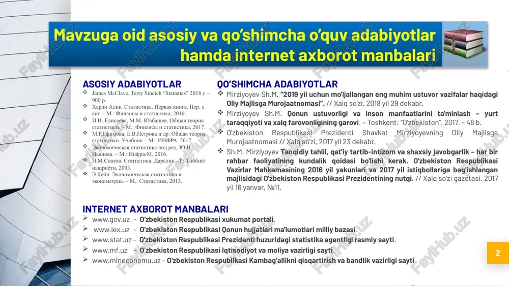 gentligi rasmiy sayti. www.mf.uz – o'zbekiston respublikasi iqtisodiyot va moliya vazirligi sayti. www.mineconomu.uz – o'zbekiston respublikasi kambag’allikni qisqartirish va bandlik vazirligi sayti statistikada jamlash va guruhlashning mohiyati va vazifalari. statistik guruhlash usuli, uning ijtimoiy-iqtisodiy hodisa va jarayonlarni o‘rganishdagi ahamiyati. guruhlash usuli yordamida echiladigan masalalar statistikada taqsimot qatorlarining mohiyati, tarkibiy unsurlari va turlari 3 reja: statistik kuzatish - o'rganilayotgan hodisa to'g'risida ko'pdan-ko'p ma'lumotlarni to'plashga imkon tug'dirsada, lekin olingan ma'lumotlarning tarqoqligi sababli, hodisa to'g'risida umumiy xulosalar chiqarishga imkon bermaydi. shu sababli mazkur ma'lumotlarni bir tizimga solish, qayta ishlash navbatdagi vazifa bo'lib hisoblanadi. statistikada jamlash va guruhlashning mohiyati va vazifalari. 4 bu bosqich har qanday statistik tadqiqotning ikkinchi bosqichi bo'lib, statistik ma'lumotlarni svodkalash deb yuritiladi. masalan, statistik kuzatish natijasida 10ta korxona to'g'risida quyidagi ma'lu-motlar to'plandi (keying slaydda). statistikada jamlash va guruhlashning mohiyati va vazifalari. 5 svodkalash o'z navbatida tor va keng ma'nodagi turlarga bo'linadi. tor ma'nodagi svodkalashda o'rganilayotgan to'plamning umu-miy jamlamalari hisoblanadi. statistikada …