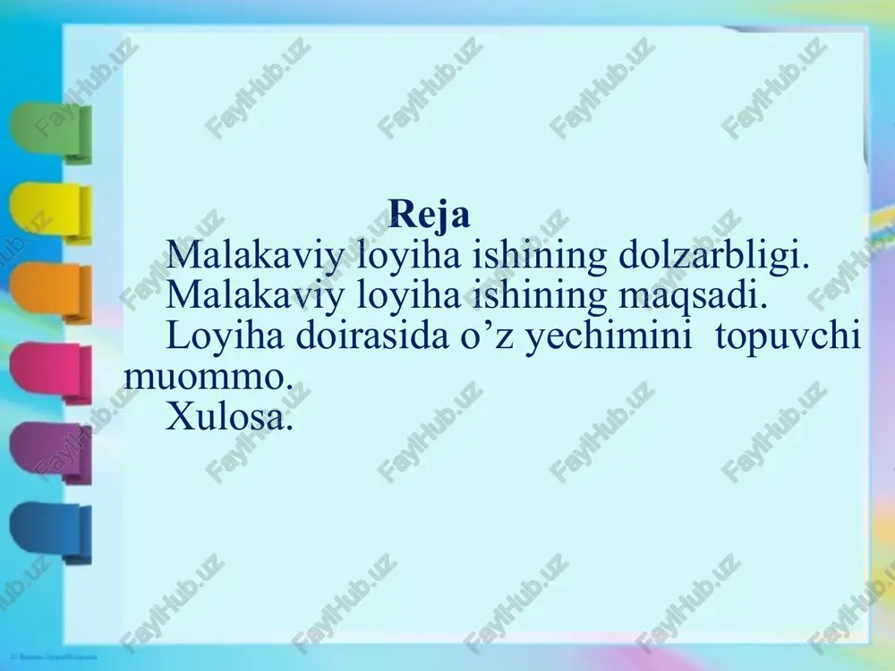 ashkil etish. kuzatuv kengashi a’zolarining huquq va majburiyatlarini o’rgatishga oid ishlarni rejalashtirish hamda samarali tashkil etish haqidagi tushunchalarni berish, kuzatuv kengashi nizomi, buyruq asosida ishni tashkil qilish maqsadida nizom haqida ma’lumotlar berish va uni amaliyotga joriy etish kurs ishining asosiy maqsadini yortishga qaratilgan tavsiyanoma. loyiha foydalanuvchilari: maktabgacha ta’lim tashkiloti direktorlari, tarbiyachi –metodistlar, tarbiyachilar, ota-onalar, maktabgacha ta’lim yo‘nalishi bo‘yicha ta’lim olayotgan tabalalar, malaka oshirish va qayta tayyorlash kurslari tinglovchilari. . loyiha doirasida o‘z yechimini topuvchi muammo: maktabgacha ta’lim tashkilotlarida kuzatuv kengashi faoliyatini tashkil qilish hamda tarkibini shakllantira olmasligi; maktabgacha ta’lim tashkilotlarida faoliyat ko‘rsatayotgan kuzatuv kengashi a’zolarining o’z vakolat va mashburiyatlarini bilmasligi maktabgacha ta’lim tashkilotlarida kuzatuv kengashi a’zolarining moliyaviy muammolarga yechim topa olmasligi; . e'tiboringiz uchun rahmat! image2.png image3.jpeg /docprops/thumbnail.jpeg