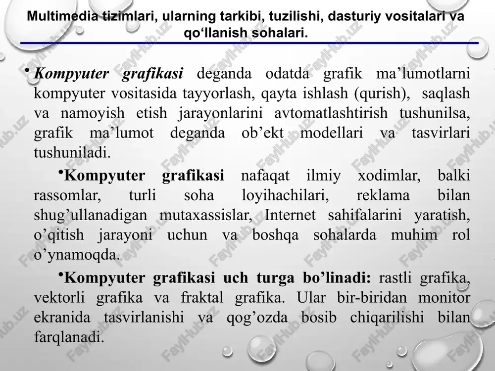 hun grafik yordam yaratish; kerakli maydonlarni kattalashtirish yoki kamaytirish orqali slaydlarni masshtablash; slaydlarni avtomatik va qo'lda tezda almashtirish; hisobot uchun noyob grafik yordamni loyihalash; o'zingizdan ham, dastur ishlab chiqaruvchisi tomonidan ishlab chiqilgan mavzular va dizaynlardan foydalaning; kerakli diagramma, grafik va hokazolarni tez va oson yaratish; turli vizual va ovoz effektlarini qo'shing. slaydlarda siz namoyish qilish uchun kerak bo'lgan hamma narsani joylashtirishingiz mumkin: matnli ma'lumotlar; fotosuratlar, rasmlar, chizmalar va boshqalar; jadvallar, chizmalar, diagrammalar; videolar, filmlar, kliplar; audio fayllar; boshqa grafik ob'ektlar. power point-da slaydlarni sozlash va o'zgartirish mumkin: hajmi; belgilash (undagi ob'ektlarning joylashuvi); shablon (dizayn va tartib); vizual va ovozli o'tish effektlari. faylni saklash formatlari: slaydlar bilan ishlash rejimi avtomundarija ustasi bilan ishlash 8 prezentatsiyalarda diagramma va grafiklardan foydalanish diagrammalardan foydalanish microsoft office powerpoint 2010 jadvallar slaydlar razmetkasi 12 slayd dizayni 13 rangli sxema 14 animatsiya effektlari 15 animatsiyalarni sozlash 16 rasmlar kuyish 17 video va ovoz kuyish 18 ovoz jurligida …