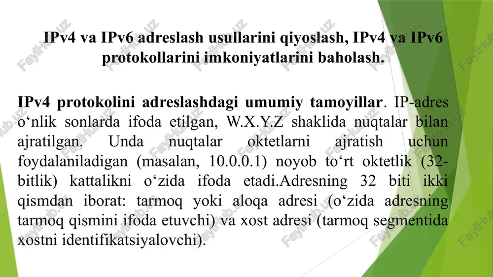lik. bunda 124.tarmoq adresini ifoda etadi, adres oxiridagi 0.0.1 esa, ushbu tarmoqdagi birinchi xostni anglatadi. «a» sinfi adreslari yordamida, har bir tarmoqda faqatgina 16 777 214 (224-2) ta xostlarni ifoda etish mumkin. 4 «b» sinf adreslari. «b» sinf tarmoqlari adresning katta bitlarida 1 va 0 qiymatlar bilan belgilanadi. adresdagi birinchi ikkita oktet (0 dan 15 ga qadar bitlar) tarmoq adreslarini ifoda etish uchun xizmat qiladi, qolgan ikkita oktet esa, ushbu tarmoqlardagi xostlar raqamlarini ifoda etadi. natijada biz 65534ta xostlarning har biridan 16384ta tarmoqlar adreslariga ega bo‘lamiz. misol uchun, «b» sinfi adresidagi 172.16.0.1, tarmoq adresi - 172.16, xost raqami -0.1. «c» sinf adreslari. «c» sinf tarmoqlari adresdagi katta bitlar 1, 1 va 0 qiymatlari bilan aniqlanadi. birinchi uchta oktet (bitlar 0 dan 23 ga qadar) tarmoqlar raqamlarini ifoda etish uchun foydalaniladi, so‘nggi oktet esa (bitlar 24 dan 31 ga qadar) tarmoqdagi xostlar raqamini o‘zida ifoda etadi. shunday qilib, 2 097 152 …