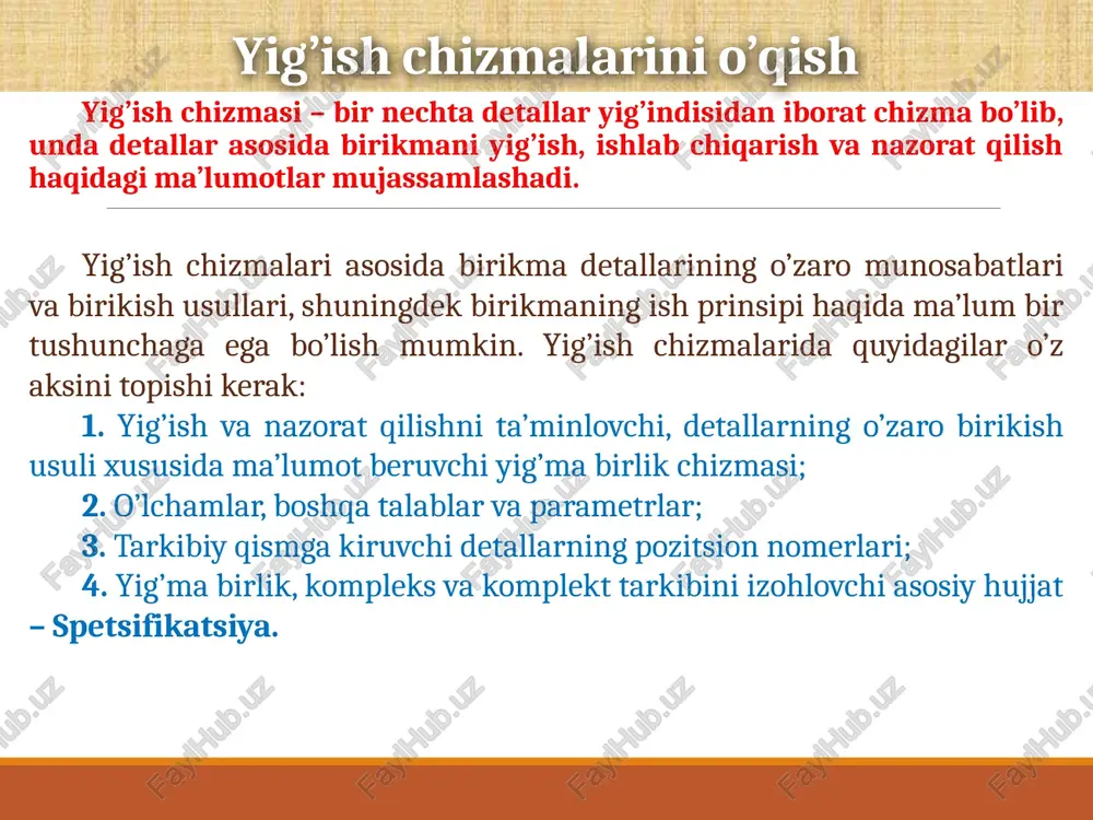 qo’yilishi shart. detal eskizini bajarish detal eskizini bajarish detal bilan tanishish detal bosh ko’rinishni tanlash va geometrik tahlil qilish detal eskizini bajarish 1. format ichki hoshiyasi va asosiy yozuv rasmiylashtiriladi. detalning gabarit o’lchamlari asosida asosiy ko’rinishlar joylashuvi rejalashtiriladi, markaz va o’q chiziqlari belgilanadi. eskiz bajarishning birinchi bosqichi detal eskizini bajarish 2. ko’rinishlarda detal konturi elementlari bajariladi. eskiz bajarishning ikkinchi bosqichi detal eskizini bajarish 3. ko’rinishlarda kerakli qirqim, kesimlar bajariladi. o’lcham chiziqlari va ularning elementlari qo’yib chiqiladi va detal o’lchamlarini aniqlash bosqichiga o’tiladi. eskiz bajarishning uchinchi bosqichi detal eskizini bajarish detaldan o’lcham olish detal konstruktiv elementlaridan o’lcham olishda oddiy o’lchov asboblari – chizg’ichlar, kronsirkul (tashqi o’lchamlarni olish uchun), nutromer (ichki o’lchamlarni olish uchun) foydalaniladi. ular yordamida o’lchamlar 1...0,5 mm aniqligi ta’minlanadi. yuqori aniqlikga erishish uchun (0,1...0,05 mm) shtangensirkuldan foydalanish lozim. detal eskizini bajarish chizg’ich yordamida o’lcham olish detaldan o’lcham olish chizg’ich yordamida o’lcham olish detal eskizini bajarish detaldan o’lcham olish kronsirkul …