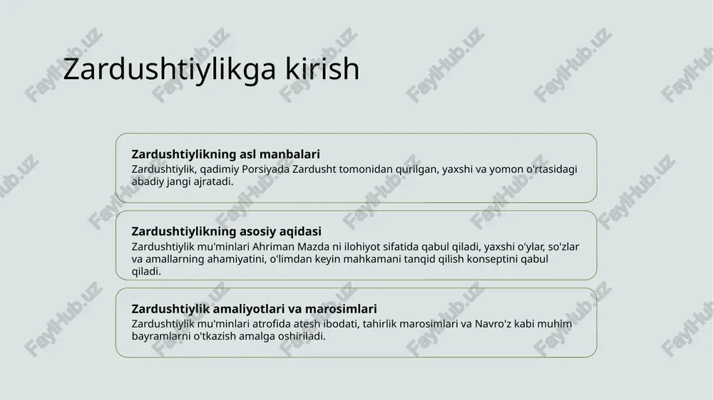 igini, ularni adolat va tozalik yo'liga yo'naltirishini ishonishadi. zardushtiylikning diniy matnlari avesta zardushtga attribut qilingan gatasni o'z ichiga olgan zardushtiylik diniy matnlarining asosiy to'plami. vendidad zardushtiylik shar'iyatlari, ibodatlar va ahlakiy qoidalarni to'g'riyoq musulmonlar hayotlarini yo'ldosh qilish uchun tafsilotlarini ko'rsatuvchi zardushtiylik matni. yasna zardushtiylik ibodat marosimlarida ishlatiladigan ilohiy qo'llanmalar va duolarni o'z ichiga olgan liturgik to'plam, dualizm tushunchasiga e'tibor qaratadi. visperad yasna'ga qo'shimcha bo'lgan, ma'lum diniy marosimlar va ibodatlar uchun qo'llanmalar va duolar o'z ichiga olgan qo'shimcha matn. zardushtiylikda marosimlar va amallar 1 2 3 olov ibodati navjote marosimi yasna marosimi zardushtiylik muqaddas olovda ibodat qilish uchun atash behram, eng yuqori darajadagi olov ibodatxonasi, amal qiladi. yosh zardushtiylikliklar navjote marosimi orqali diniyga kirish va sudreh va kusti qabul qilishadi. yasna marosimi yasna liturgiyasini o'qishni, muqaddas olovga ta'zimni, va barkat va himoyaga duolar o'qishni o'z ichiga oladi. zardushtiylik bayramlari va marosimlari 1 2 3 navruz - fars yangi yili gahanbar - mevsimlik …