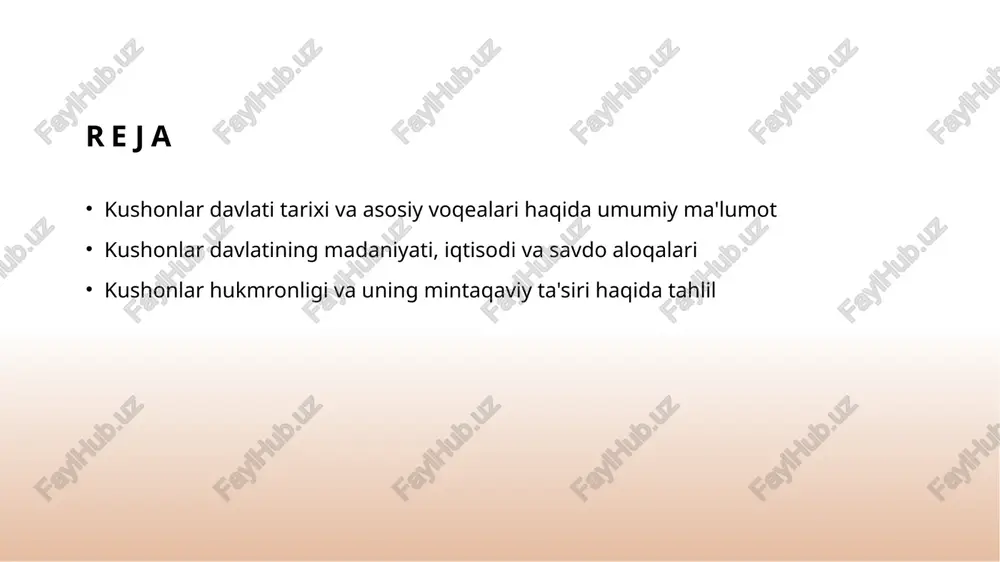 va yevropa kabi mintaqalar bilan iqtisodiy va madaniy hamkorlikni rivojlantirdi, mintaqaviy barqarorlikni ta'minladi. kushonlar davlati madaniyatining o'ziga xos xususiyatlari va san'at asarlari 01 rangli san'at asarlari kushonlar davrida rangli va murakkab san'at asarlari rivojlangan. ular o'ziga xos bezaklar, ko'rsatuvli naqshlar va diniy motivlar bilan ajralib turadi. 02 madaniy meros kushonlar madaniy merosi ko'plab arkeologik topilmalar va yodgorliklarda saqlangan. bu yodgorliklar ularning diniy, madaniy va san'atdagi rivojlanishini ko'rsatadi. 03 sculptura va arxitektura kushonlarning skulptura va arxitektura yutuqlari ularning diniy va diniy-rivoyat asosidagi yodgorliklarida namoyon bo'ladi. bu asarlar mintaqaviy madaniyatga katta ta'sir ko'rsatgan. kushonlar iqtisodiyotida savdo aloqalari va resurslarning roli 1 savdo tarmoqlari kushonlar davlati, markaziy osiyoda, yaxlit va keng savdo tarmoqlarini rivojlantirib, xitoy, hindiston va rim bilan bog‘langan muhim savdo yo‘llarini boshqargan. bu tarmoqlar orqali tovarlar, madaniyat va texnologiyalar almashilgan. 2 resurslar va boyliklar tabiiy resurslar, ayniqsa, zamin, oltin, mis va turli minerallar, kushonlar iqtisodiyotining asosiy boylik manbasi bo‘lib, davlat daromadlarini …