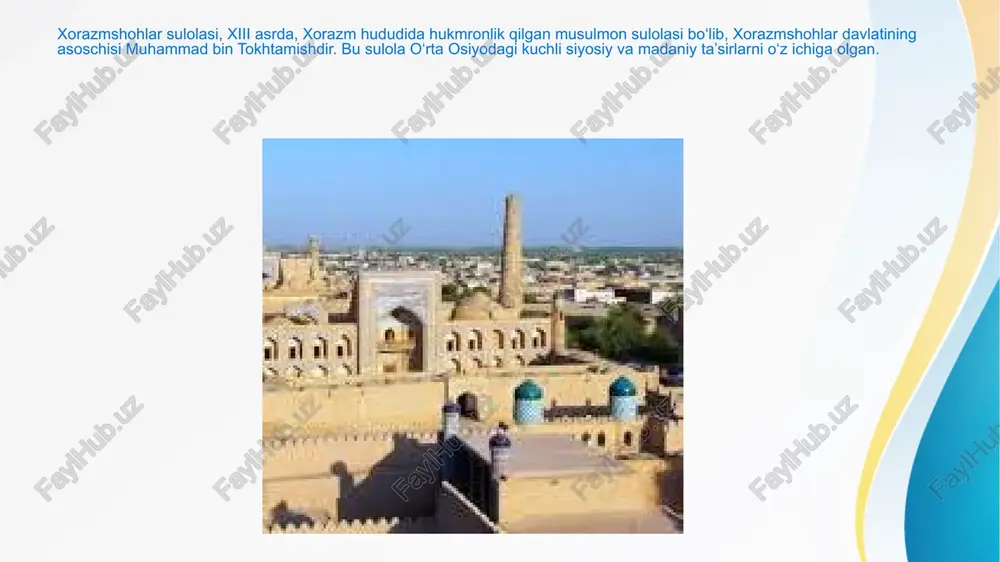 , davlat dini sifatida rasmiylashtirildi. islomning rivoji: xorazmda islom faqat diniy ta'limot sifatida emas, balki ilmiy, falsafiy va madaniy sohalarda ham o‘zining ta'sirini o‘tkazdi. xorazmshohlar va ulug‘ amirlar islomiy ilm-fan va madaniyatni rivojlantirish uchun madrasalar va kutubxonalarni qo‘llab-quvvatlashgan. xorazmshohlar sulolasining yig‘ilishi va tarixiy merosi xorazmshohlar sulolasi o‘zining tarixiy va madaniy merosi bilan o‘rta osiyo tarixida muhim o‘rin tutadi. xorazmshohlar davlati nafaqat siyosiy jihatdan kuchli bo‘lishi bilan, balki ilm-fan, madaniyat, me’morchilik va iqtisodiyot sohalarida ham o‘ziga xos iz qoldirdi. xorazmshohlar davlatining yig‘ilishi: xorazmshohlar sulolasi o‘z faoliyatini xi asr oxirlarida boshladi. sulola shamsiddin muhammad tomonidan tashkil topgan va o‘zining poytaxti xivani asosiy markazga aylantirdi. xorazmshohlar, saljuqiylar va mo‘g‘ullar davridagi siyosiy beqarorlikdan foydalanib, o‘rta osiyo, eron va afg‘oniston hududlarida kuchli davlat qurishga muvaffaq bo‘lishdi. xorazmshohlar sulolasi o‘rta osiyo tarixida o‘zining muhim o‘rniga ega bo‘lgan, ilm-fan, madaniyat va siyosatga katta hissa qo‘shgan bir davrni tashkil etadi. xorazmshohlar islom dini va madaniyatini o‘z hukmronligi ostida …