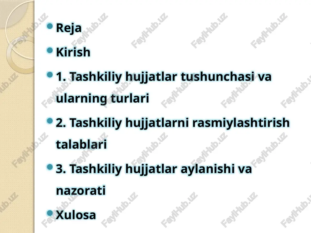 otning ichki va tashqi munosabatlarini tartibga solishda asosiy rol o'ynaydi. ular orqali tashkilotning maqsadlari, vazifalari, boshqaruv tizimi va ish jarayonlari aniq belgilab qo'yiladi. masalan, har qanday korxona yoki muassasaning faoliyati shu hujjatlar asosida amalga oshiriladi, chunki ular huquqiy asos bo'lib xizmat qiladi. tashkiliy hujjatlarning paydo bo'lishi va rivojlanishi o'zbekiston respublikasining huquqiy tizimida muhim o'rin tutadi, chunki ular konstitutsiya va qonunlarga muvofiq tuziladi. tashkiliy hujjatlarning mazmuni va vazifalari tashkiliy hujjatlarning mazmuni tashkilotning huquqiy maqomi, tarkibiy tarmoqlari, xodimlarining vazifalari va huquqlarini o'z ichiga oladi. ularning asosiy vazifasi – tashkilot faoliyatini tartibga solish, ichki tartib-intizomni ta'minlash va xodimlar o'rtasidagi munosabatlarni aniqlashtirishdir. masalan, bu hujjatlar orqali tashkilotning maqsadlari, vazifalari, boshqaruv organlari va ularning vakolatlari belgilab qo'yiladi. ularning mazmunida tashkilotning nomi, joylashgan manzili, maqsadlari, faoliyat yo'nalishlari, mol-mulk huquqi, boshqaruv tuzilishi va xodimlarning mas'uliyati kabi elementlar bo'ladi. tashkiliy hujjatlarning huquqiy kuchi va qo‘llanish sohasi tashkiliy hujjatlarning huquqiy kuchi o'zbekiston respublikasi qonunlariga muvofiq belgilangan bo'lib, ular tashkilot …