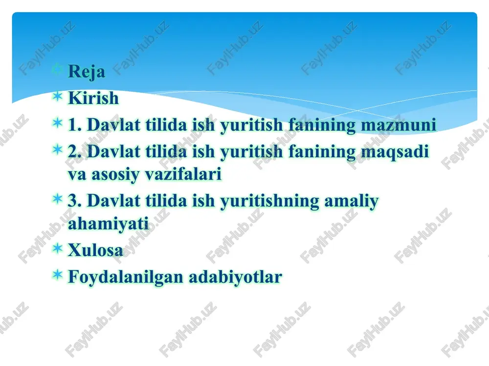 atida davlat idoralarida, korxonalarda va tashkilotlarda ish yuritish jarayonida ishlatiladigan til normalarini, hujjatlar tuzish qoidalarini va yozma nutqning maxsus qonuniyatlarini qamrab oladi. “davlat tilida ish yuritish” fanining predmeti va obyekti qadimgi davrlarda, masalan, amir temur davrida hujjatlar o'zbek tilining eski shakllarida tuzilgan bo'lib, bu fanining ildizlarini shakllantirgan. o'rta asrlarda sharq hujjatchiligi rivojlanib, rasmiy xatlar va farmoyishlar til normalarini belgilagan. bu davrda hujjatlarning til uslubi standartlashgan, masalan, qog'ozlar va muhrlar orqali rasmiylik ta'minlangan. fanining shakllanishi o'zbekiston mustaqillikka erishgach, tez sur'atlar bilan rivojlandi. faning shakllanish tarixi va rivojlanish bosqichlari davlat tilida ish yuritish fanining asosiy maqsadi hujjatlarni to‘g‘ri, aniq va savodli yuritish ko‘nikmalarini shakllantirishdan iborat bo‘lib, bu jarayon nafaqat texnik jihatdan mukammal hujjatlar yaratishga, balki tilning barcha qoidalari va me’yorlariga qat’iy rioya etish orqali professional darajani oshirishga qaratilgan. bu maqsadning mohiyati shundaki, har bir hujjat nafaqat ma’lumot uzatish vositasi, balki davlat va jamiyat oldidagi mas’uliyatni aks ettiruvchi muhim element sifatida qaraladi. davlat …