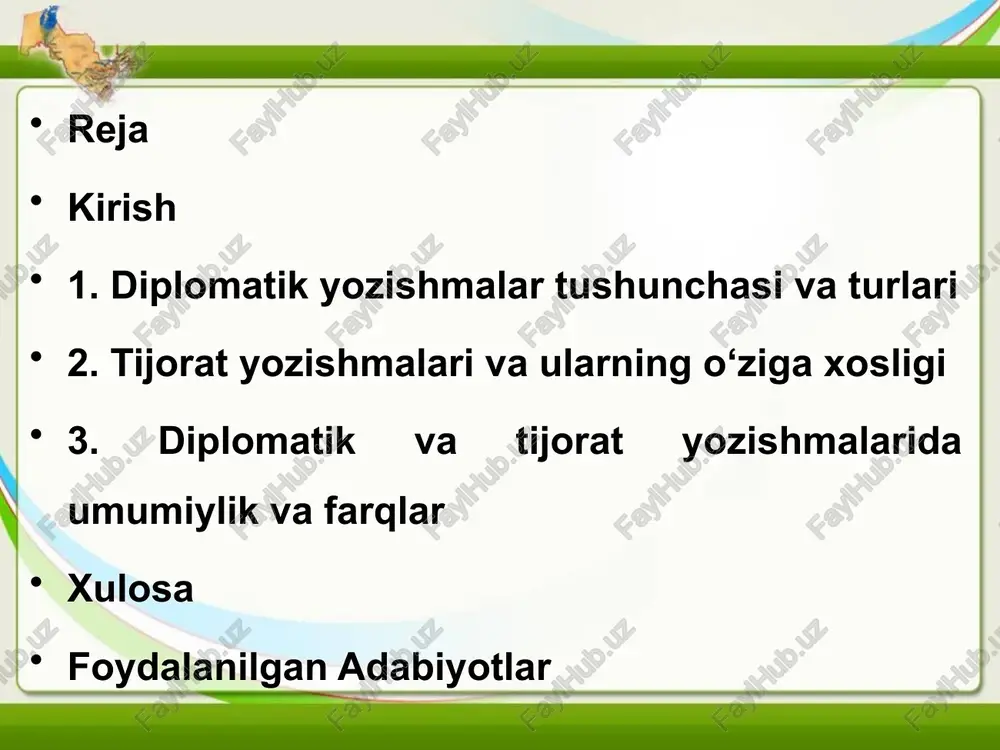 sabatlarda muhim vosita bozor munosabatlari va hamkorlik aloqalarining asosi diplomatik yozishmalar tushunchasi va turlari diplomatik yozishmalar faqat so'zlar va jumlalar to'plami emas, balki xalqaro qonunlar va odatlar asosida shakllangan, maxsus protokol va qoidalarga bo'ysunadigan murakkab tizimdir. masalan, vena konventsiyasi (1961 yil) va boshqa xalqaro hujjatlar bu yozishmalarning asosiy me'yorlarini belgilab bergan. ularning turlari ko'p bo'lib, har biri ma'lum bir vaziyatga moslashtirilgan: ba'zilari rasmiy takliflar uchun, boshqalari esa ma'lumot almashish yoki norozilik bildirish uchun ishlatiladi. yozishmalarda diplomatik etikani saqlash tamoyillari diplomatik yozishmalarda etikani saqlash tamoyillari xalqaro munosabatlarni buzmaslik va hurmatni saqlashga asoslangan. birinchi tamoyil – mulozimlik va hurmat: har qanday yozishma qabul qiluvchi tomonni hurmat qiladigan til uslubida bo'lishi kerak, masalan, "hurmatli janob" yoki "muharram vazir" deb murojaat qilish. ikkinchi tamoyil – aniqlik va ravshanlik: matn noaniq bo'lmasligi kerak, chunki bu noto'g'ri tushunishga olib kelishi mumkin. uchinchi tamoyil – maxfiylik: yozishmalar maxfiy bo'lsa, ularni oshkor qilmaslik kerak. tijorat yozishmalari va ularning …