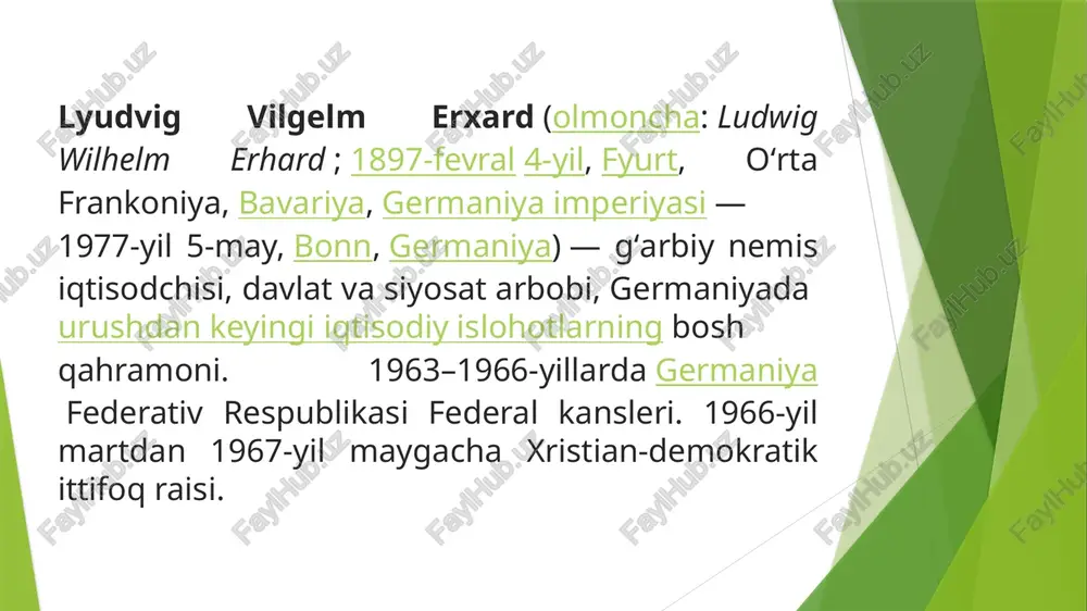 ida — bizoniya iqtisodiy departamenti direktori boʻlib ishlagan. 1946-yilda bavariya iqtisodiyot vaziri sifatida erxard islohotlarni faol ravishda ilgari surdi. islohotlar 1948-yil 18-20-iyunda eʼlon qilindi. erxard germaniya iqtisodiyotini liberallashtirish boʻyicha oʻzining shaxsiy harakatlarini amalga oshirdi. amerika versiyasiga koʻra reyxsmarks oʻrniga barqaror boʻlgan valyutani joriy qilishni talab qilardi (islohot paytida kiritilgan nemis markalari evroga oʻtishdan oldingi davrda ishlatilgan). erxard, shu bilan birga, koʻpchilik tovarlarga davlat tomonidan rejalashtirish va markazlashtirilgan narx belgilashni bekor qildi, nemis korxonalariga toʻliq mustaqillikni berdi. erxard 1948-49- yillardagi jiddiy qiyinchiliklar va sotsial-demokratlarning qattiq qarshiliklari qaramay, liberal pozitsiyalarga amal qilishda davom etdi va moliyaviy barqarorlikni taʼminladi. germaniya hukumatida germaniyatashkil etilgandan soʻng, erxard xristian demokrat, konrad adenauer hukumatida iqtisodiyot vaziri (1949-1963) boʻldi va federal kansler (1963-1966) sifatida uning vorisiga aylandi. u germaniyaning "iqtisodiy mo''jizasi" uchun ko'p ishlarni amalga oshirdi. islohotning taqdiri koreya urushi boshlanganidan keyin hal qilindi. germaniya sanoati tomonidan import qilinadigan xomashyo narxi oʻrtacha 67 foizga, mamlakatdan eksport qilinadigan tayyor …