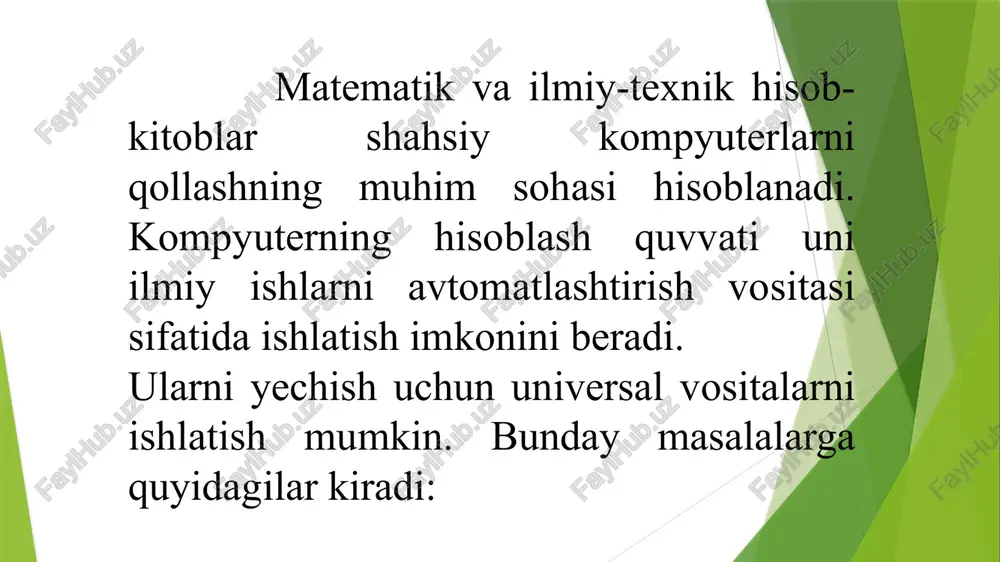 gan ro’yhatlarni chiqarish mumkin: - file (fayl) – hujjatlarni yaratish, ochish, saqlash, elektron pochta orqali jo’natish va hujjatli fayllarni printerda chop etish bilan bog’liq buyruqlar; -edit (tahrirlash) – matnni tahrirlashga oid buyruqlar(nusxa olish, qo’yish, o’chirish); -view (ko’rinish) - mathcad muharriri oynasida hujjatning tashqi ko’rinishini boshqarish hamda animatsiya fayllarini yartaish buyruqlari; -insert (qo’yish) – hujjatga turli ob’yektlarni qo’yish buyruqlari; -format (format) – matn, formula va grafikani formatlash buyruqlari; -math (matematika) –hisoblash jarayonini boshqarish buyruqlari; -symbolics (ramziy belgilar) – belgili hisoblas buyruqlari; -window (oyna) –turli hujjatli oynalatni ekran bo’ylab joylashtirishni boshqarish buyruqlari; - help (yordam) –yordamchi ma’lumotlarni chaqirish buyruqlari image1.png image2.jpeg image3.jpeg image4.png image5.png image6.png image7.png /docprops/thumbnail.jpeg