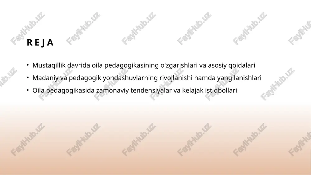 g'or texnologiyalar va zamonaviy pedagogik metodlarni inkorporatsiya qilish imkonini berdi. 03 rollar va ta'sir amaliy qoidalar oila a'zolari va pedagoglar orasidagi hamkorlikni mustahkamladi. ular oilaviy muhitda tarbiya jarayonining samaradorligini oshirishda muhim ta'sir ko'rsatdi. mustaqillik davrida oila pedagogikasining yangi qadriyatlari va asosiy qoidalari 01 yangi qadriyatlar mustaqillik davrida oilaviy pedagogika yangi qadriyatlarni qabul qildi, masalan, shaxsiy erkinlik va individual o‘sishga katta e’tibor qaratildi. bu, oilaviy muhitni yanada demokratlashtirishga yordam berdi. 02 asosiy qoidalar yangi qoidalar orasida mehr-muhabbat, hurmat va ochiq muloqot ustun keldi. bu qoidalar oilada sog‘lom va barqaror muhitni yaratishda muhim ahamiyatga ega bo‘ldi. 03 madaniy o‘zgarishlar mustaqillik bilan birga, oilaviy qadriyatlar va pedagogik yondashuvlarda madaniy o‘zgarishlar yuzaga keldi. zamonaviylik va milliy o‘zlikni saqlash muhim ahamiyat kasb etdi. 04 yangi yondashuvlar innovatsion pedagogik usullar va texnologiyalar oilaviy tarbiyada keng qo‘llanila boshladi. bu, yosh avlodni zamonaviy sharoitlarga moslashtirishda muhim rol o‘ynaydi. madaniy va pedagogik yondashuvlarning evolyutsiyasi: an'anaviylikdan zamonaviylikka 1 an'anaviylikning ildizlari …