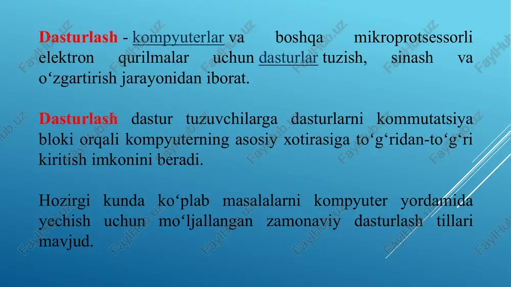ichida borland kompaniyasi c++ning bir qator laxjalarini ishlab chiqdi. c++ ning oxirgi laxjalarida ma’lumotlar bazasini yaratish va qayta ishlash, internet tarmogʻidan foydalangan holda ma’lumotlar alamashinuvini oʻrnatish, dasturlashning obyektga yoʻnaltirilgan modelini keng qoʻllash, vizual dasturlashda yangi komponentalar kutubxonasini (vcl) yaratish kabi asosiy farqli imkoniyatlarni oʻz ichiga oladi. borland c++ builder 6 - bir necha muhim ahamiyatga ega boʻlgan texnologiyalar kombinatsiyasini oʻzida mujassam etgan: yuqori darajadagi mashinali kodda tuzilgan komplyator; obyektga yoʻnaltirilgan komponentalar modellari; dastur ilovalarini vizual tuzish; ma’lumotlar bazasini tuzish uchun yuqori masshtabli vosita. borland c++ builder 6 dasturini yuklash uchun quidagi ketma – ketlik bajariladi. pusk => vse programmi => borland c++ builder 6 => c++ builder 6 borland c++ builder 6 dasturida dasturlash ikkita oʻzaro ta’sir etuvchi bir-biri bilan bogʻliq jarayon asosida tashkil qilinadi: - dasturni vizual loyihalash jarayoni; dastur kodlarini konsol muhitida kiritish jarayoni. vizual loyihalash jarayonida dasturda yaratilayotgan ilovaning dizayni shakllanadi. c++ builder 6 ilovasining ko’rinishi 1. …