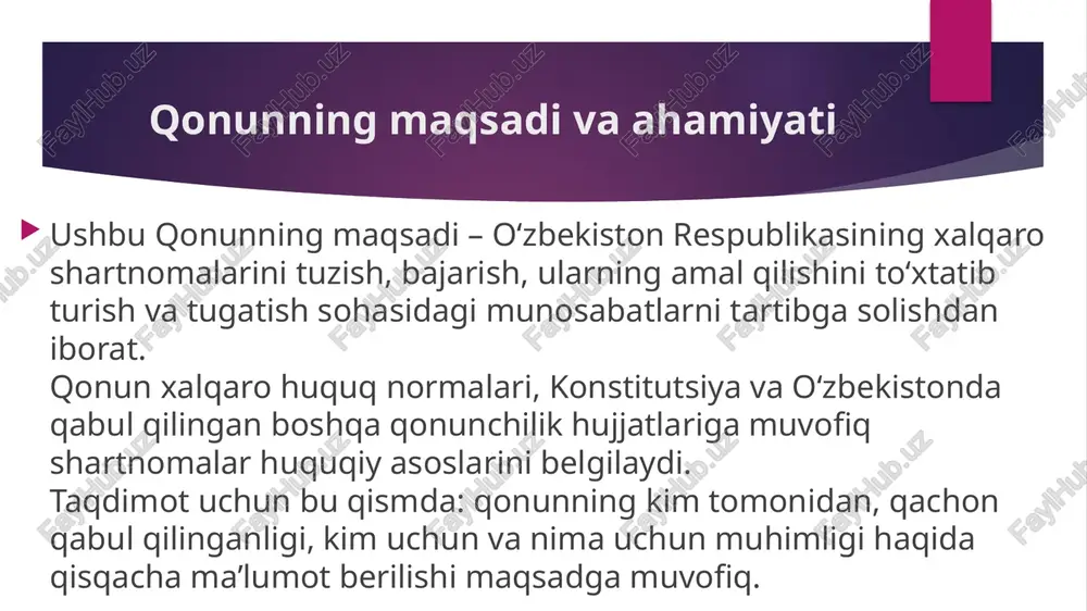 r, imzolash, ratifikatsiya – ko‘rsating. e’lon qilish, ro‘yxatdan o‘tkazish va saqlash 3-bob bo‘yicha: 29-modda: imzolangan shartnomalar qonunchilik ma’lumotlari milliy bazasida va rasmiy manbalarda e’lon qilinishi lozim. 30-modda: shartnomalarni xalqaro tashkilotlarda ro‘yxatdan o‘tkazish tartibi. 31-modda: shartnomalar davlat reyestrida saqlanadi. slaydga “shartnoma ma’lumotlari ochiqligi va huquqiy saqlash” degan sarlavha bilan qo‘yish mumkin. bajarish va ta’minlash choralari 4-bobda: 33-modda: shartnomalar o‘zbekistonda majburiy tarzda bajarilishi lozim. 34-modda: prezident va vazirlar mahkamasi shartnomalar bajarilishini nazorat qiladi. bu slaydga “majburiyatni bajarish va nazorat” mavzusini qo‘yish maqsadga muvofiq. monitoring, inventarizatsiya va buzilish holatlari 36-modda: shartnomalarning bajarilishi monitoringi o‘zbekistonda elektron ma’lumotlar bazasi asosida amalga oshiriladi. 37-modda: shartnomalarni inventarizatsiya qilish jarayoni belgilangan. 38-modda: agar boshqa ishtirokchi taraf shartnomani buzsa, yuridik choralar ko‘riladi. slaydga “nazorat va javobgarlik” nomini berish yaxshi. haqiqiy emasligi, amal qilishni to‘xtatib turish, tugatish 5-bob bo‘yicha: 39-modda: shartnoma haqiqiy emas deb topilishi mumkin bo‘lgan hollari. 40-48-moddalar: amal qilishni to‘xtatish yoki tugatish tartibi. taqdimotda bu qismni “shartnomalar tugatilishi …