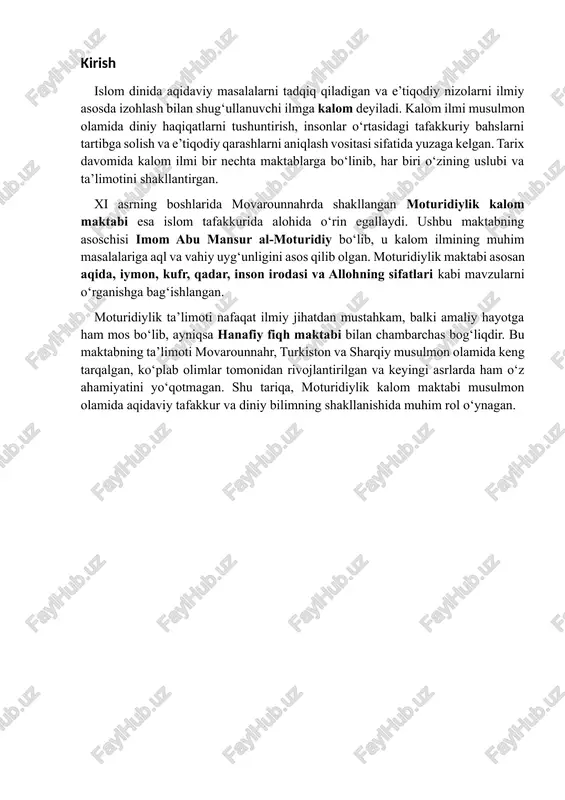 angan fan kalom deb ataladi. kalom ilmining rivojlanishi musulmon olamida turli maktablarning paydo bo‘lishiga olib keldi. ulardan eng muhimlaridan biri – moturidiylik kalom maktabi bo‘lib, u xi asrda movarounnahr hududida yuzaga kelgan va keyinchalik markaziy osiyo hamda sharqiy musulmon olamida keng tarqalgan. moturidiylik maktabi asoschisi imom abu mansur al-moturidiy (850–944 yillar) movarounnahrda tug‘ilgan. uning ilmiy faoliyati va aqidaviy qarashlari kalom ilmining rivojlanishida katta ahamiyatga ega bo‘lgan. imom moturidiy ko‘p jihatdan hanafiy fiqhiga yaqin bo‘lgan, ammo u aqidaviy masalalarda mustaqil fikr yuritgan va aqida ilmini tizimli ravishda shakllantirishga harakat qilgan. imom abu mansur al-moturidiy ta’limotida aql va vahiy uyg‘unligi tamoyili markaziy o‘rin egallaydi. u iymon va amallar, allohning sifatlari, inson erkinligi va taqdir masalalarini batafsil tahlil qilgan. moturidiy aqidaviy masalalarni tushuntirishda aqliy dalillarni ishlatishni va hadis va qur’on oyatlarini izohlashni birlashtirgan. bu jihati uni o‘z zamonasidagi boshqa kalom olimlaridan farqlantiradi. moturidiylik maktabining paydo bo‘lishiga tarixiy va ijtimoiy sharoitlar ham ta’sir ko‘rsatgan. …