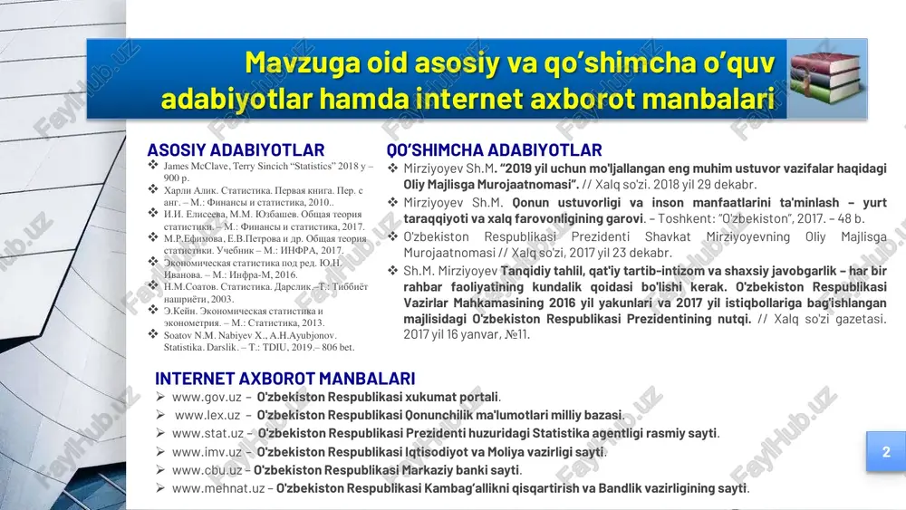umotlari milliy bazasi.  www.stat.uz – o'zbekiston respublikasi prezidenti huzuridagi statistika agentligi rasmiy sayti.  www.imv.uz – o'zbekiston respublikasi iqtisodiyot va moliya vazirligi sayti.  www.cbu.uz – o'zbekiston respublikasi markaziy banki sayti.  www.mehnat.uz – o'zbekiston respublikasi kambag‟allikni qisqartirish va bandlik vazirligining sayti. reja: 1. statistik kuzatish to‟g‟risida umumiy tushuncha 2. statistik kuzatishning shakllari, turlari va usullari 3. statistik kuzatishning dasturiy-uslubiy va tashkiliy masalalari 4. statistik kuzatish ma‟lumotlarini qabul qilish va uni nazorati 3 statistik kuzatish har qanday statistik tadqiqot ishlarining dastlabki va birinchi bosqichidir. statistik kuzatish deganda o‟rganilayotgan hodisa va jarayonlar to‟g‟risidagi ma‟lumotlarni ma‟lum bir yagona ilmiy- tashkiliy dastur bo‟yicha qayd qilishga va to‟plashga tushuniladi. statistik kuzatish tamoyillariga to„liq amal qilish har tomonlama to„liq va ishonchli ma‟lumotlarning hosil qilinishiga imkon beradi. 1. statistik kuzatish to‟g‟risida umumiy tushuncha 4 statistik kuzatishning muhim qoidalaridan biri – kuzatish o’tkazishda to’plam birliklarini qamrab olish masalasidir. bu masala ham makon, ham zamon chegarasida to’g’ri …
