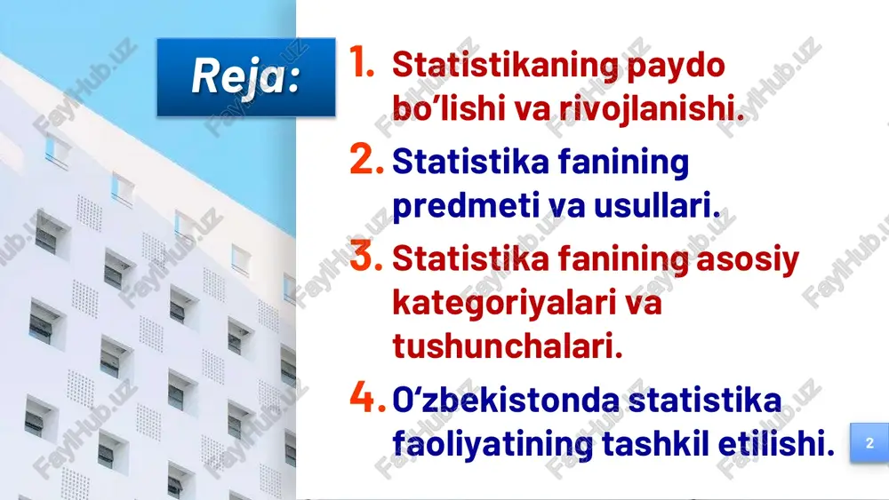 tistika agentligi rasmiy sayti.  www.imv.uz – o'zbekiston respublikasi iqtisodiyot va moliya vazirligi sayti.  www.cbu.uz – o'zbekiston respublikasi markaziy banki sayti.  www.mehnat.uz – o'zbekiston respublikasi kambag‟allikni qisqartirish va bandlik vazirligining sayti. ilk bor statistikaning vujudga kelishi amaliy ehtiyojlar bilan uzviy bog'liq bo'lgan. qadim zamonlardayoq qurolli kuchlarga layoqatli kishilar sonini bilish, soliqqa tortish obyektlarini belgilash zarurati tug'ilgan. bu esa davlatni aholi soni va tarkibida bo'layotgan o'zgarishlar ustidan kuzatishlar olib borishga undagan. qishloq xo'jaligi, savdo-sotiq, hunarmandchilik, sanoat va boshqa sohalar hamda iqtisodiy aloqalarning taraqqiy etishi ho'jalikka oid hodisa va amallar ustidan muntazam ravishda kuzatish olib borishni taqozo etgan. natijada baholar va savdo- sotiq statistikasi, mahsulotlarni ishlab chiqarish va taqsimoti statistikasi va boshqa iqtisodiy statistika tarmoqlari vujudga kelgan va rivoj topgan. 1. statistikaning paydo bo‟lishi va rivojlanishi 4 statistika nima? jamiyat hayoti, turmushi haqidagi ma'lumotlarga bo'lgan amaliy ehtiyoj statistikani yaratdi. ammo, ilk bor statistika davlatni boshqarish muhim quroli sifatida shakllangan va …