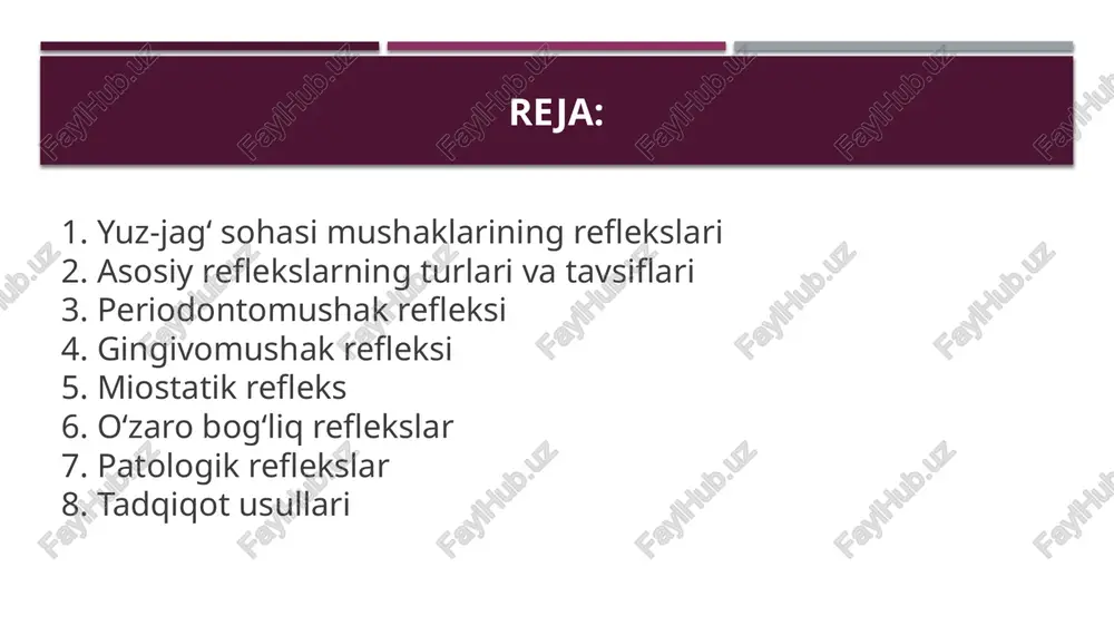 ushak qisqarishining kuchini regulyatsiya qiladi. masalan, qattiq ovqatni chaynashda bu refleks mushak faolligini oshiradi va jarohatlardan himoya qiladi. patologiyada (masalan, parodontitda) buzilishi chaynash samaradorligini pasaytiradi va og‘riqqa olib keladi. periodontomushak refleksi gingivomushak refleksi tishlar yo‘qolgan yoki protezlar qo‘yilgan holatlarda (adentiya, protezlashtirish) faollashadi. alveolyar cho‘tkalar shilliq qavatidagi retseptorlar mushak qisqarishini boshqaradi. bu refleks periodontal retseptorlar ishlamay qolganida kompensator rol o‘ynaydi, lekin tish yo‘qligi sababli mushak kuchi pasayishi mumkin. klinikda protezlar mosligini baholashda qo‘llaniladi. miostatik refleks jag‘ mushaklarining cho‘zilishi bilan bog‘liq. mushaklardagi cho‘zilish retseptorlari (mushak iplari) impuls yuborib, reflektor qisqarishni chaqiradi. cho‘zilish qanchalik kuchli bo‘lsa, refleks shunchalik tez va kuchli bo‘ladi. bu refleks mushak tonusini saqlaydi va ortopedik davolashda (okklyuziya buzilishida) muhim, chunki u jag‘ harakatlarining muvofiqligini ta’minlaydi. patologiyada (masalan, spazmlarda) giperrefleksiya kuzatiladi. o‘zaro bog‘liq reflekslar turli mushak guruhlari o‘rtasidagi koordinatsiyani ta’minlaydi. chaynash paytida sinergetik mushaklar (birgalikda ishlaydiganlar, masalan, masseter va temporal) faollashadi, antagonist mushaklar esa bo‘shashadi. rubinov bu reflekslarni jag‘ tizimining …