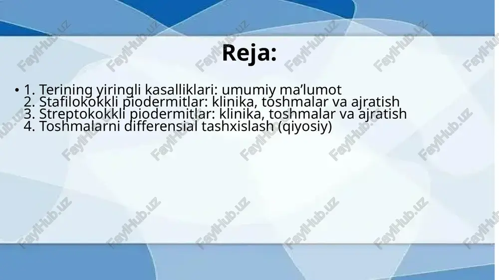 erining sathi­da paydo bo‘ladi: yumaloq yoki cheklangan joylarda pufaklar, keyinchalik yiring, keyin esa po‘st tashlash, qoloq, qora qo‘tircha ko‘rinishi mumkin. xususiyatlari: ko‘pincha yuz, boshi, bo‘yin sohalarida, bolalarda ko‘p uchraydi. pufaklarning yorilishi bilan eroziya yoki yara hosil bo‘ladi. limfa tugunlari kattalashishi, tana harorati ko‘tarilishi mumkin toshmalarni ajratish (differensial belgilari) toshmalarni ajratishda quyidagi mezonlar muhim: qo‘zg‘atuvchi mikroorganizmlar (stafilokokk vs streptokokk) shikastlanish joyi va tarqalishi (sochli bosh, yuz, limfa tugunlari) to­shmaning elementi: follikula bilan bog‘liq tugunlar (stafil) vs sathi pufaklar-pustu­la (strep) yiring va po‘st tashlash xarakteri: stafil—chandiq yoki yara qolishi, strept—ko‘proq po‘st, qora qo‘tir terining yiringli kasalliklarida tashxis mezonlari tashxis klinik, laborator va bakteriologik usullarga tayangan klinik belgilar (qizish, shish, qizarish, yiring ajralishi) mikrobiologik ekilish (yiringdan bakteriyani aniqlash) mahalliy tekshiruvlar: limfa tugunlari, boshqa sohalarga tarqalish differensial tashxis: boshqa dermatologik kasalliklar bilan ajratish (masalan, quruq temiratki, ekzemalar) tashxis qo‘yishda bemorning umumiy holati, immunitet holati ham e’tiborga olinadi. qiyosiy tashxis: stafilodermiya: soch yaqinida tugun-yiringlilar, chandiq …
