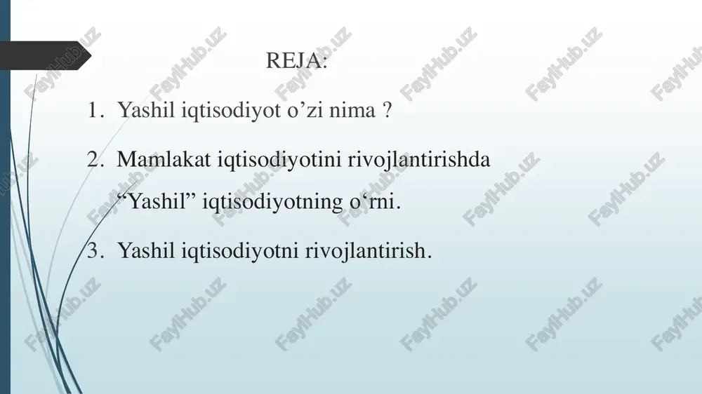 osida barqaror rivojlanishni ta’minlashda o‘zbekiston respublikasi prezidenti tomonidan 2019-yil 4- oktyabrda tasdiqlangan “2019–2030-yillarda o‘zbekiston respublikasini “yashil” iqtisodiyotga o‘tish strategiyasi” muhim dasturiy amal hisoblanadi. “yashil” iqtisodiyotga o‘tishning muhim vazifalari qatoriga iqtisodiyotning energiya samaradorligini oshirish va tabiiy resurslarni oqilona iste’mol qilish kiradi. ushbu belgilangan maqsadli indikatorlarga texnologiyalarni modernizatsiya qilish va moliyaviy mexanizmlarni rivojlantirish orqali erishiladi.  quyidagilar o‘zbekiston respublikasining “yashil” iqtisodiyotga o‘tishining asosiy vazifalari etib belgilandi:  texnologik modernizatsiyalash va moliyaviy mexanizmlarni rivojlantirish orqali iqtisodiyotning energiya samaradorligini oshirish va tabiiy resurslardan oqilona foydalanish;  davlat investitsiyalari va xarajatlarining ustuvor yo‘nalishlariga ilg‘or xalqaro standartlarga asoslangan “yashil” mezonlarni kiritish;  ta'limga investitsiyalar kiritishni rag‘batlantirish, yetakchi xorijiy ta'lim muassasalari va ilmiy-tadqiqot markazlari bilan hamkorlikni rivojlantirish hisobiga “yashil” iqtisodiyotdagi mehnat bozori bilan bog‘liq kadrlarni tayyorlash va qayta tayyorlash tizimini rivojlantirish;  orolbo‘yidagi ekologik inqirozning salbiy ta'sirini yumshatish choralarini ko‘rish;  a) 2019-2030 yillar davrida o‘zbekiston respublikasining “yashil” iqtisodiyotga o‘tish strategiyasi tasdiqlandi va quyidagilar uni amalga oshirishning …