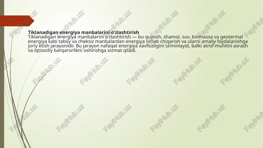 va hayvon chiqindilaridan biogaz ishlab chiqarish mumkin. bu jarayon chiqindilarni kamaytiradi va qo‘shimcha energiya manbai yaratadi. 5. geotermal energiyani o‘zlashtirish yer osti issiqlik manbalaridan foydalanish orqali geotermal energiya ishlab chiqarish mumkin. bu energiya manbai doimiy va barqaror bo‘lib, uylar, issiqxonalar va sanoat korxonalarini isitishda qo‘llaniladi. foydasi va ahamiyati energiyaning barqaror va cheksiz manbasini ta’minlaydi. atrof-muhitni ifloslantirishni kamaytiradi. energiya mustaqilligini oshiradi va an’anaviy yoqilg‘iga bo‘lgan qaramlikni kamaytiradi. yangi ish o‘rinlarini yaratadi va iqtisodiy rivojlanishga hissa qo‘shadi. tiklanadigan energiya manbalarini o‘zlashtirishning noqulayliklari (qisqa) yuqori boshlang‘ich xarajatlar – quyosh, shamol va gidroenergetika stansiyalarini qurish katta investitsiya talab qiladi. texnologik murakkabliklar – ilg‘or texnologiyalar va malakali mutaxassislar zarur. iqlim va tabiiy sharoitlarga bog‘liqlik – shamol va quyosh energiyasi ob-havoga, suv energiyasi esa suv oqimiga bog‘liq. bozor va infratuzilma cheklovlari – energiyani saqlash va taqsimlash tizimi yetarli darajada rivojlanmagan hududlarda samaradorlik past bo‘ladi. shu bilan birga, uzoq muddatli rejalashtirish va investitsiyalar yordamida bu noqulayliklar kamaytirilishi …