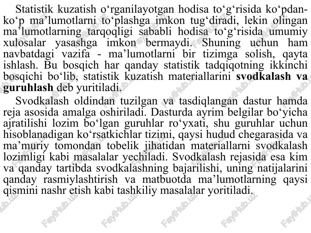 ni dasturda ko‘zda tutilgan belgilar asosida ayrim guruhlarga bo‘lib o‘rganish tushuniladi. jami talabalarni kurslarga va mutaxassisliklarga bo‘lib o‘rganish bunga misol bo‘la oladi. tor ma’noda svodkalash ham huddi oddiy svodkalash kabi umumiy va guruhiy yakunlarini chiqarish bilan cheklanadi. oliy ta`limning asosiy ko`rsatkichlari (1991-2016 yillar) oliy ta`lim muassasalari soni 1991 y. 52 1995 y. 58 2000 y. 61 2005 y. 62 2010 y. 65 2016 y. 70 oliy ta`limning asosiy ko`rsatkichlari (1991-2016 yillar) oliy ta`lim muassasalari soni talabalar soni (ming kishi) professor o`qituvchilar soni (ming kishi) har bir professor o`qituvchiga to`g`ri keladigan o`quvchilar soni 1991 y. 52 340,9 ... ... 1995 y. 58 192,1 19,9 9,6 2000 y. 61 183,6 18,4 10,0 2005 y. 62 278,7 23,1 12,1 2010 y. 65 274,5 23,0 11,9 2016 y. 70 268,3 24,0 11,2 svodkalash tashkil qilinishiga qarab markazlashgan va markazlashmagan svodkalashlarga bo‘linadi. markazlashgan svodkalashda boshlang‘ich ma’lumotlar bir yoki bir necha statistika boshqarmalarida to‘planadi va o‘sha …