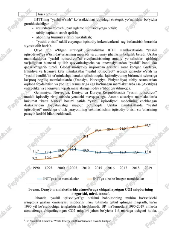 strategy - 2017 y.), sof o‘sish strategiyasi (clean growth strategy - 2017 y.). iqtisodiyotning barcha sektorlarida issiqxona gazlari miqdorini pasaytirish. past uglerodli innovatsiyalar”ni qo‘llab-quvvatlash. fransiya “yashil o‘sishga energetik o‘tish to‘g‘risida”gi (2015 y.) va “bio xilma-xillik, tabiat va landshaftni tiklash to‘g‘risida”gi qonunlar (2016 y.); “past uglerodli” va “2015-2020 yillarda barqaror rivojlanishga ekologik o‘tish” milliy strategiyalari (2015 y.). neftga asoslangan energetika modelidan keyingi rivojlanishga asos solish. energiya ta’minoti, narxlar o‘zgarishi, resurslarning tugab borishi va atrof-muhit muhofazasi bilan bog‘liq muammolarni hal etish. yaponiya “energetika strategiyasi”. issiqxona gazlari miqdorini 2030 yilgacha 26%, 2050 yilgacha 80%ga qisqartirish, tiklanadigan energiya manbalari ulushini 22-24%ga oshirish. koreya respubli ka si “yashil o‘sish milliy strategiyasi va besh yillik reja” (2009-2013 yy.); koreyada 2040 yilgacha vodorod iqtisodiyotini rivojlantirish bo‘yicha “yo‘l xaritasi”. barqaror o‘sishni ta’minlashga ko‘maklashish, atrof-muhit uchun qulay muhit yaratish; aholi turmush sifatini oshirish; xalqaro darajada iqlim o‘zgarishlariga qarshi kurashishga hissa qo‘shish ihttning “yashil o‘sish” ko‘rsatkichlari quyidagi strategik yo‘nalishlar bo‘yicha …