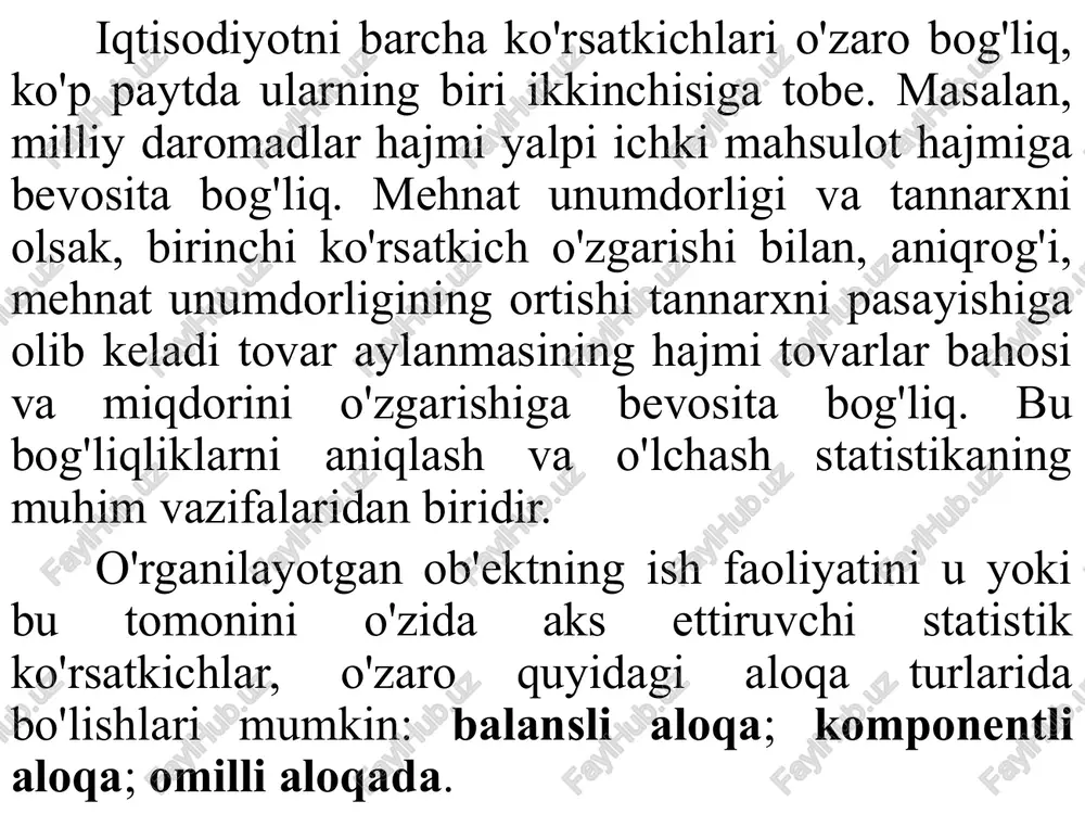 t aloqani ko'rsatib qolmasdan, balki muhim amaliy ahamiyatga ham ega, ya'ni uning yordamida savdo korxonalari har bir tovar yoki tovar guruhi bo'yicha talabning o'zgarib borishini o'rganib borishlari mumkin, ikkinchidan har bir tovar yoki tovar guruhi bo'yicha sotilgan tovarlarning miqdoriy hisob-kitobi olib boriladi. aholida tovarlar sotilishining hisob-kitobi savdoda xarajat talabchanligini o'rganishda juda muhim ma'lumotdir. 3 ko'rsatkichlarning komponentli aloqasi ko'paytuvchi shaklida ko'rsatkichga kirgan alohida komponentlarning o'zgarishi natijasida statistik ko'rsatkichning o'zgarishini ifodalaydi. bu aloqa turiga, biz 8-mavzuda ko'rib chiqilgan o'zaro bog'liq indekslarni kiritishimiz mumkin. masalan, haqiqiy baholardagi tovar oboroti indeksi baho va tovarlar fizik hajmi indeksi ko'paytmasiga teng. ipq=ip*iq bu metodning muhim amaliy ahamiyati shundaki, umumiy ko'rsatkichda noma'lum bo'lgan komponentni miqdorini ham aniqlash mumkin. masalan, tovarlar fizik hajmi umumiy indeksini hisoblash uchun haqiqiy baholardagi tovar oboroti indeksini baho indeksiga nisbati olinadi. 4 omilli aloqada ikki belgi: omil va natijaviy belgi qatnashadi va bu aloqa turi faqat variatsion qatorlarda uchrashi mumkin. o'z xarakteri bo'yicha …