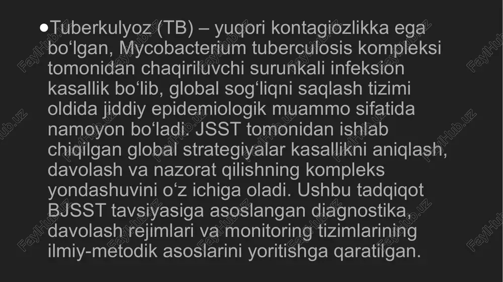 v bosqich (2 oy) – patogenlarning maksimal eradikatsiyasini ta’minlash uchun birinchi qator antituberkulyoz preparatlari (rifampisin, isoniazid, pirazinamid, etambutol) kombinatsiyasi qo‘llaniladi. davomiy bosqich (4–6 oy) – qolgan mikobakterial populyatsiyani to‘liq yo‘q qilish va relapslarning oldini olishga yo‘naltirilgan. dori vositalariga qarab davolash rejimlari dori sezgir tuberkulyoz (ds-tb) – isoniazid va rifampisin asosiy preparatlar sifatida ishlatiladi. ko‘p dori vositalariga chidamli tb (mdr-tb) – ikkinchi qator antibiotiklar (bedaquiline, linezolid, levofloxacin) kombinatsiyasi qo‘llaniladi. extremal dori vositalariga chidamli tb (xdr-tb) – ikki yoki undan ortiq ftorxinolon va inyektsion preparatlarga chidamlilik mavjud bo‘lib, yangi sinf dorilari bilan murakkab kombinatsiyalar talab etiladi. tuberkulyoz monitoringi va epidemiologik kuzatuv tizimlari epidemiologik nazoratning asosiy maqsadi bemorlarning davolanish jarayonini tizimli ravishda kuzatish va kasallik tarqalishini minimallashtirishdan iborat. monitoring tizimining asosiy komponentlari: bemorlarni ro‘yxatga olish va axborot tizimlari orqali nazorat qilish – tb-mis, dhis2 kabi elektron tizimlardan foydalanish natijalarning monitoringini yaxshilaydi. kontakt tracing va skrining dasturlari – yuqori xavf guruhlaridagi shaxslarni erta aniqlash …