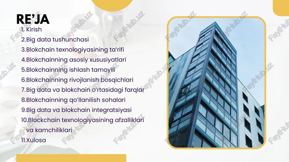 yoki qaror olish imkoniyati. big data texnologiyalari, masalan, hadoop, spark, nosql bazalari va data mining usullari orqali tahlil qilinadi. ular biznes, sog‘liqni saqlash, ta’lim, transport, moliya va boshqa sohalarda qo‘llaniladi. 3. blockchain texnologiyasining ta’rifi blockchain — bu markazsizlashtirilgan, tarqatilgan ma’lumotlar bazasi bo‘lib, u barcha tranzaksiyalarni ketma-ketlikda saqlaydi. har bir yozuv (blok) oldingi blok bilan kriptografik tarzda bog‘langan bo‘ladi. natijada, biror ma’lumotni o‘zgartirish yoki soxtalashtirish juda qiyin. blockchain aslida bitcoin kriptovalyutasi uchun yaratilgan, ammo hozirda u turli sohalarda qo‘llanilmoqda. bu texnologiya markaziy server yoki oraliq nazoratchisiz ishonchli ma’lumot almashinuvini ta’minlaydi. undagi ma’lumotlar barcha tarmoq ishtirokchilari o‘rtasida tarqatilgan bo‘ladi, bu esa tizimni mustahkam va ishonchli qiladi. shuning uchun blockchain “shaffoflik va ishonch texnologiyasi” deb ham ataladi. blockchainning asosiy xususiyatlari blockchain texnologiyasining asosiy xususiyatlari uni boshqa ma’lumotlar bazalaridan ajratib turadi. birinchidan, u markazsizlashtirilgan bo‘lib, ma’lumotlar bitta markazda emas, balki butun tarmoq bo‘ylab saqlanadi. ikkinchidan, blockchain ma’lumotlarining o‘zgarmasligi — ya’ni bir marta blokka yozilgan …