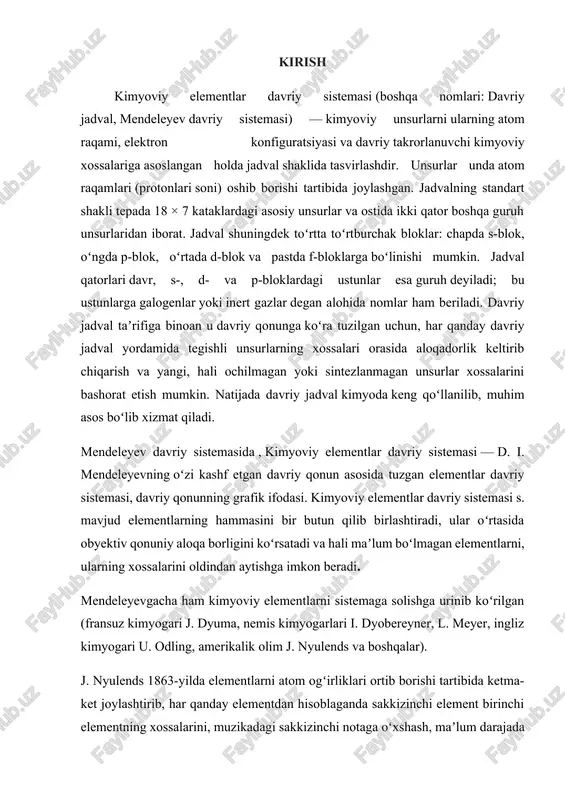 arlari i. dyobereyner, l. meyer, ingliz kimyogari u. odling, amerikalik olim j. nyulends va boshqalar). j. nyulends 1863-yilda elementlarni atom ogʻirliklari ortib borishi tartibida ketma-ket joylashtirib, har qanday elementdan hisoblaganda sakkizinchi element birinchi elementning xossalarini, muzikadagi sakkizinchi notaga oʻxshash, maʼlum darajada takrorlashini topdi. nyulends bu qonuniyatni „oktavalar qonuni“ deb atadi va unga asoslanib, oʻziga maʼlum elementlarni guruh (sakkizlik)larga boʻlishga urinib koʻrdi. 1864-yilda l. meyer kimyoviy elementlarni valentliklariga qarab olti guruhga boʻldi. shunday qilib, mendeleyevdan oldin elementlarni kimyoviy oʻxshashliklari asosida guruhga boʻlishdan nariga oʻtilmadi. bu olimlar har qaysi elementni boshqa elementlardan mutlakr ajralgan holda olib qarashdi. mendeleyev, oʻzidan ilgari oʻtgan tadqiqotchilarning aksicha, elementlarning atom massasi qiymatlariga, fizik va kimyoviy xossalariga katta eʼtibor berdi. mavjud elementlarni atom massasi ortib borishi tartibida joylashtirib, elementlarning xossalari va ularning birikmalari ham oʻsha tartibda asta-sekin oʻzgarib borishini va maʼlum xossalarning oʻzi elementlar qatorida davriy suratda, yaʼni bir necha elementdan keyin takrorlanishini aniqladi. bu qonuniyat davriy qonunda …
