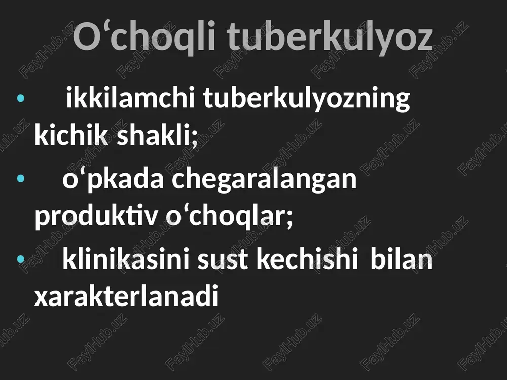 noaniq; jarayon o‘pka ildizi bilan bog‘liq; o‘choqda parchalanish bo‘lganda yorug‘lanish aniqlanadi. rentgenogramma (fibroz o‘choqli tuberkulyoz) differensial diagnostikasi: o‘choqli pnevmoniya; markaziy o‘pka rakining dastlabki davri; o‘choqli atelektazlar. o‘choqli tuberkulez asorat-lari kam kuzatiladi qon tuflash; destruksiya quruq plevrit. oqibatlari: ijobiy: so‘rilib ketishi; o‘choqlar zichlanishi va oxaklanishi. salbiy: tarqalish, kaverna xosil bo‘lishi va boshqa klinik formalarga o‘tishi. o‘pkaning yallig‘langan tuberkulyozi. infiltrativ tuberkulyoz: kazeoz va fokussimon soyalar perifokal yallig‘lanishi va o‘tkir dinamik kechishi bilan xarakterlanadi. assman (1924), redeker birinchi talimot asoschilari. ekzogen endogen ekzo- endogen superinfeksiya rivojlanishi: yuqori virulentlikdagi massiv mbt; gipersensibilizasiya; immunobiologik qarshiligining susayishi. o‘choqli tuberkulyozning avj olishi; eski sil o‘choqlarining ekzaserbasiyasi (erlix tetradasi); mbtning ekstratorakal o‘choqlardan limfo-gematogen tarqalishi. morfologiyasi: kazeoz fokus va uning atrofidagi keng yallig‘lanish; granulyasiya qavati – limfoid, epitelioid va gigant pirogov – langgans xujayralari. perifokal yallig‘lanish. klinik-rentgenologik turlari : lobulyar (bronxolobulyar) infiltrat; assman infiltrati bulutsimon infiltrat perisissurit; segmentit lobit; kazeoz pnevmoniya; chegaralangan (3 smgacha) tarqalgan chegaralangan infiltratlar klinikasi: intoksikasion …