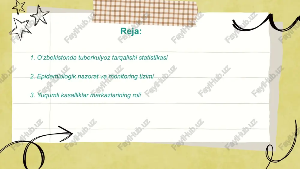 ar markazlari aholiga sog‘liqni saqlash xizmatlarini ko‘rsatishda muhim rol o‘ynaydi. ushbu markazlar asosan kasalliklarning oldini olish, diagnostika va davolash bilan shug‘ullanadi. o‘zbekiston hududida 100 dan ortiq markazlar faoliyat ko‘rsatadi. har bir markaz yiliga minglab bemorlarni qabul qiladi va epidemiyalarga qarshi choralar ko‘radi. ular gripp, gepatit, oiv va boshqa yuqumli kasalliklar uchun profilaktika ishlarini olib boradi. ushbu markazlar, shuningdek, sog‘lomlashtirish kampaniyalari va emlash dasturlarini amalga oshiradi. o‘zbekiston hukumati markazlarning infratuzilmasini yaxshilash uchun yildan-yilga ko‘proq mablag‘ ajratmoqda. ... t.me/slaydai_bot 4. tuberkulyozning ijtimoiy-iqtisodiy omillari tuberkulyoz kasalligining ijtimoiy-iqtisodiy omillari orasida kambag'allik, to'yib ovqatlanmaslik va aholi zich yashaydigan hududlarda yashash muhim rol o'ynaydi. jahon sog'liqni saqlash tashkiloti ma'lumotlariga ko'ra, har yili dunyoda 10 millionga yaqin kishi tuberkulyoz bilan kasallanishi mumkin, va bu asosan qashshoq mamlakatlarda sodir bo'ladi. axborotga ko'ra, kambag'al yashash sharoitlari, tibbiy xizmatlarning yetarli emasligi va ta'lim darajasining pastligi tuberkulyoz tarqalishini yana-da kuchaytiradi. statistik ma'lumotlar shuni ko'rsatadiki, kundalik kaloriya yetishmasligi va gigiyena qoidalariga rioya …