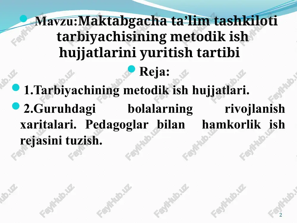 liyatini takomillashtirish. bolalarni jismoniy tarbiya va sportga qiziqishini orttirish va jalb qilish, ularning salomatligini mustahkamlash orqali ta’lim sifatini oshirib borish. maktabgacha ta’limda innovatsiyalarni joriy qilish maqsadida “bolalik akademiyasi” platformasidan keng foydalanishni tashkil etish. bola shaxsini rivojlantirishda ota-onalarni kuzatuv kengashi orqali guruhdagi ta’lim-tarbiyaviy jarayonlariga jalb qilish. t/r tadbirlarning nomi vaqt taqsimoti vaqt ertalabki doira 1 bolalarni qabul qilish, erkin oʻyin faoliyati, ertalabki badantarbiya 2 nonushtaga tayyorgarlik, nonushta 3 ertalabki davra suhbati taʼlim-tarbiya jarayoni (katta va kichik guruhlarda) – 40 daqiqa 4 umumiy guruhda ishlash (frontal) 5 hafta mavzusi boʻyicha rivojlanish markazlarida bolalar tanloviga koʻra oʻyin shaklidagi taʼlimtarbiya jarayoni 6 birinchi sayr. kuzatish, mehnat, asosiy harakat turlarini mustahkamlash faoliyati, harakatli va erkin oʻyin faoliyati 7 sayrdan qaytish, kiyim almashtirish, gigiyenik tadbirlar, yakka tartibdagi faoliyat (zarurat boʻlganda logoped/defektolog, psixolog, musiqa rahbari) 8 tushlikka tayyorgarlik, tushlik 9 kunduzgi uyquga tayyorgarlik, uyqu (uyqusiz guruhlarda: bolalarning erkin va tinch oʻyin faoliyati, bolalar bilan yakka tartibdaishlash, badiiy …